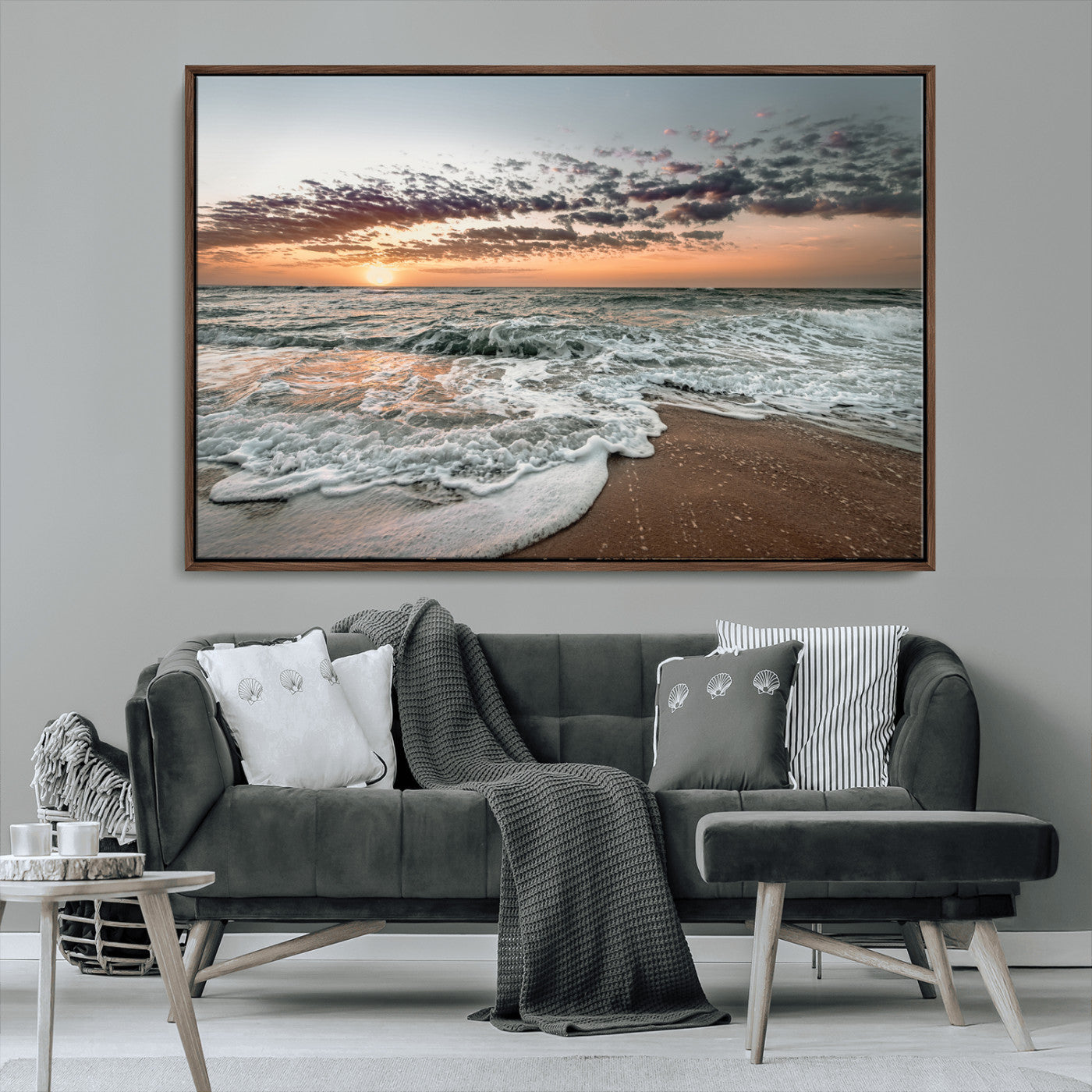 MGV-FC-36X24 - Ocean Sunset Wall Art Canvas Print, Framed Beach Waves Art Picture Print, Coastal Scene Perfect Coastal Decor Artwork