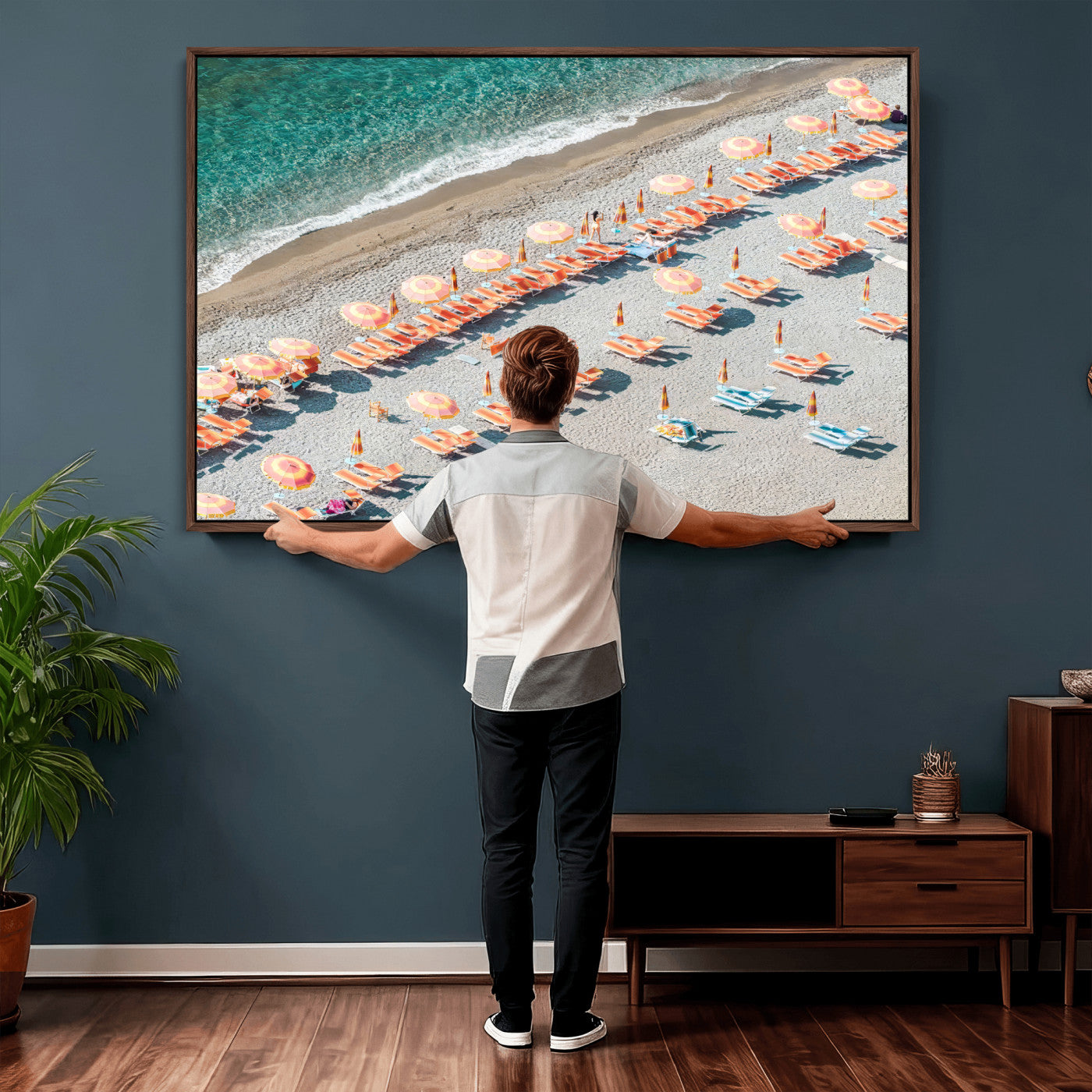27805351-MGV-CV-36X24 - Beach Umbrellas Wall Art – Orange Loungers & Turquoise Water Canvas Print, Sandy Shore and Summer Vibes