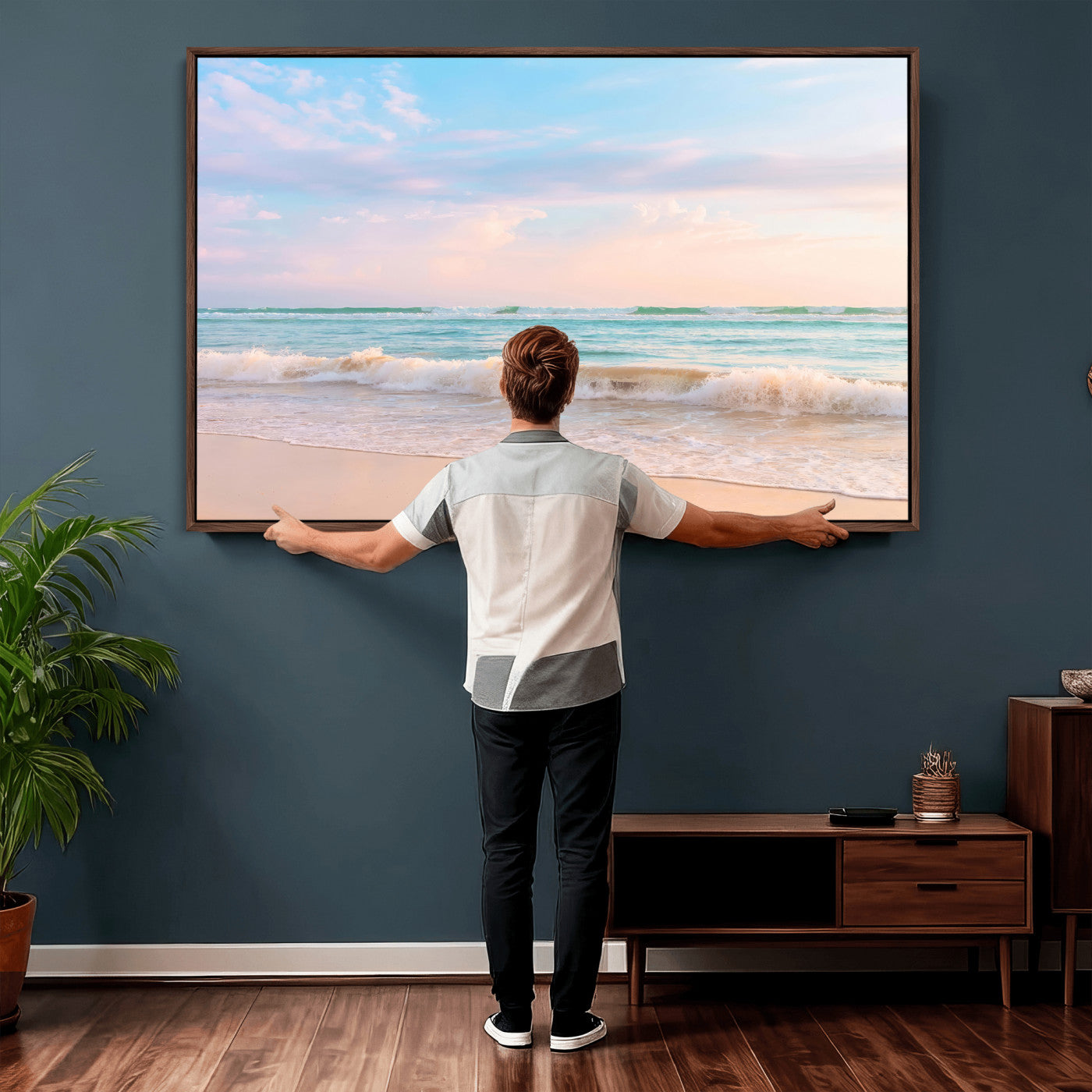 74679437-MGV-CV-36X24 - Serene Waves Wall Art – Golden Shore & Soft Pastel Sky Canvas Print, Gentle Ocean and Peaceful Sunset for Living Room or Office