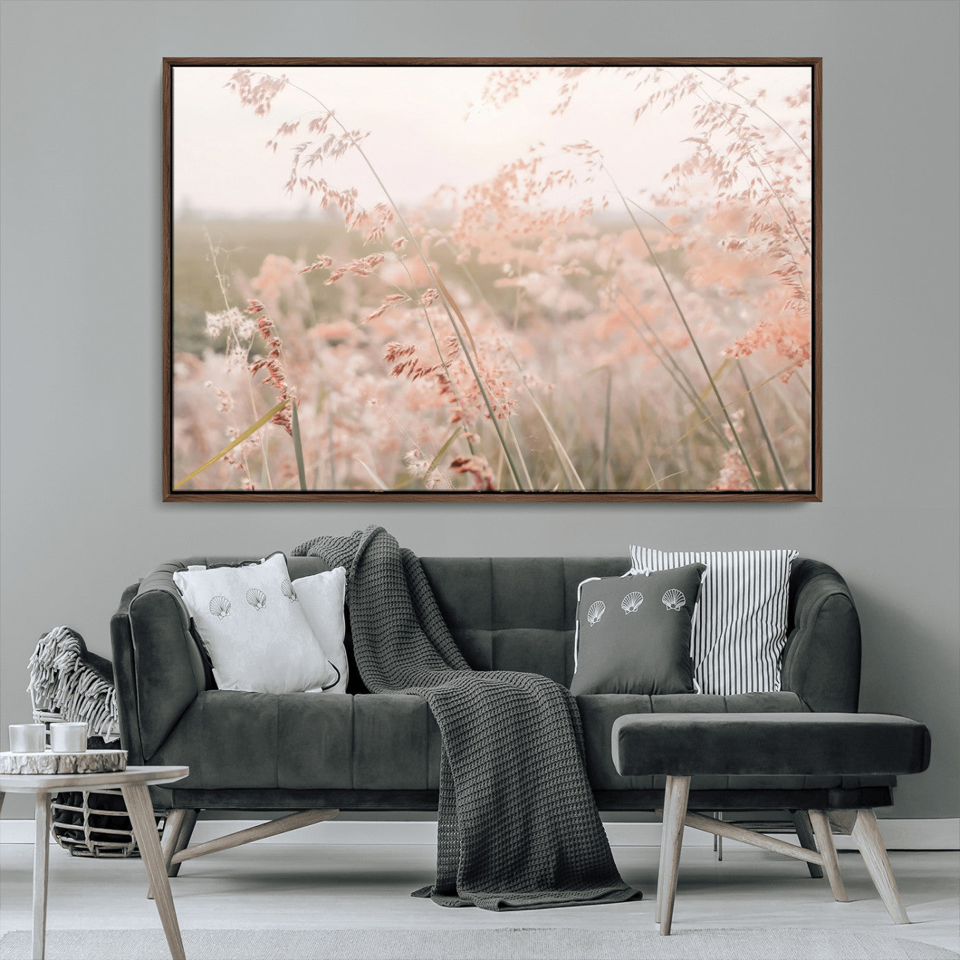 MGV-FC-36X24 - Pastel Grasses Wall Art Canvas Print, Framed Soft Meadow Art Picture Print, Field in Breeze Perfect Soft Pastel Minimal Decor Artwork