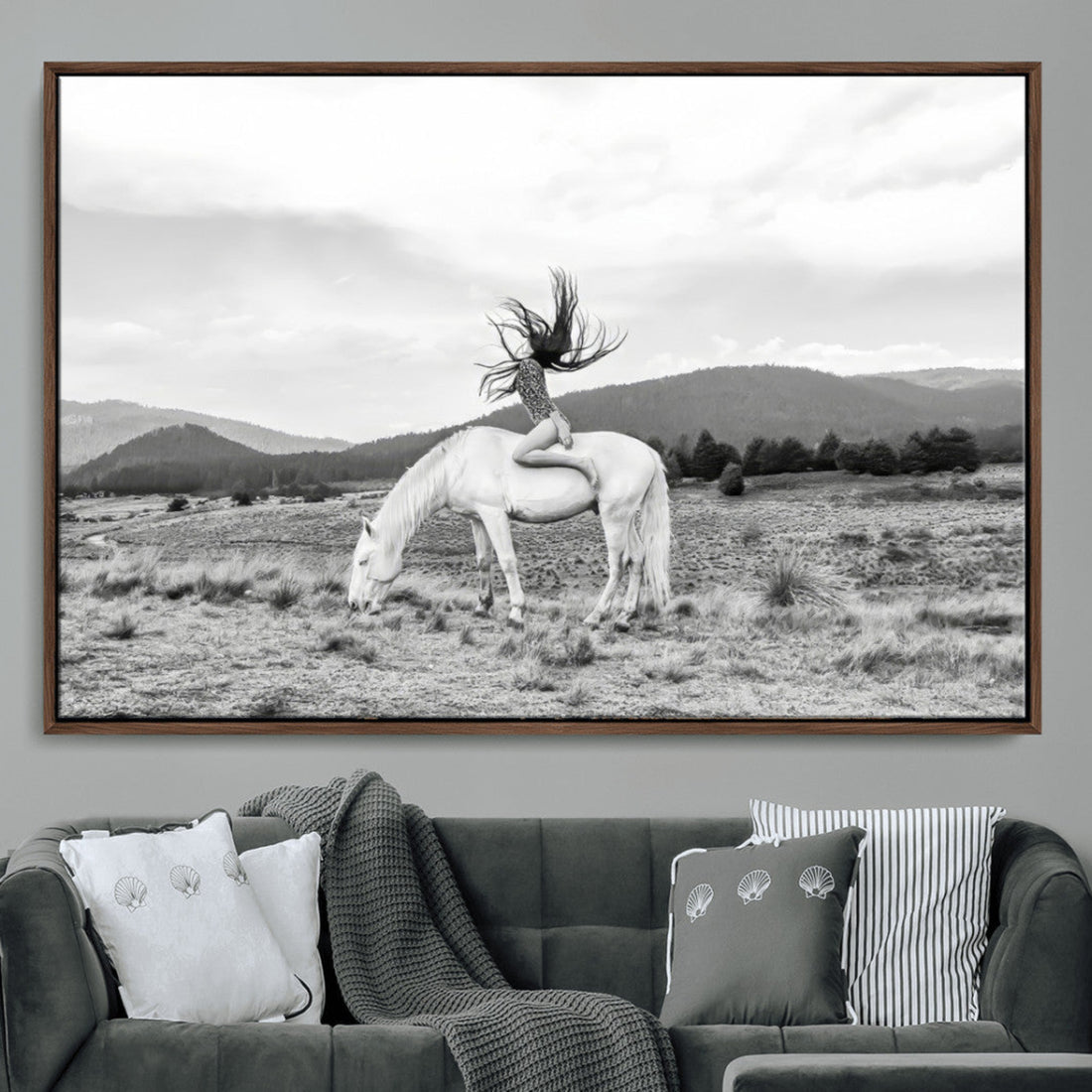 White Horse Wall Art Canvas Print, Framed Woman Rider Equestrian Western Boho Art