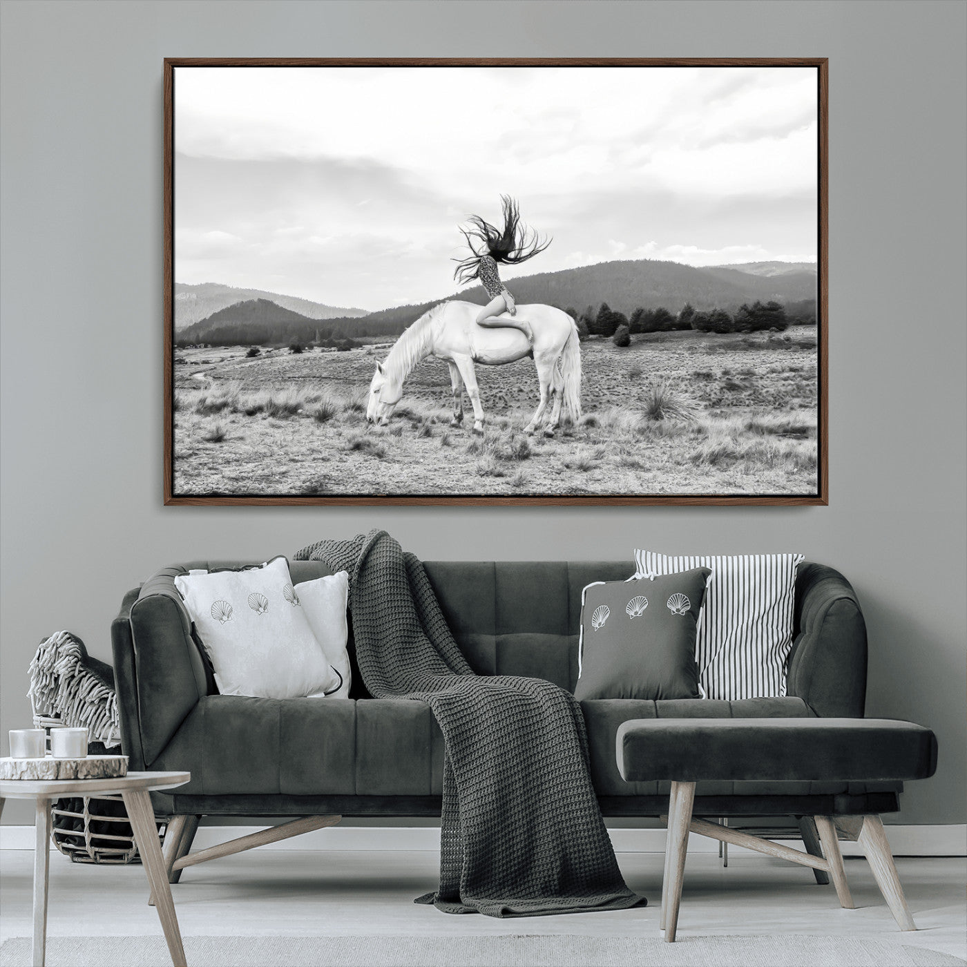 MGV-FC-36X24 - White Horse Wall Art Canvas Print, Framed Woman Rider Art Picture Print, Equestrian Pose Perfect Western Boho Decor Artwork