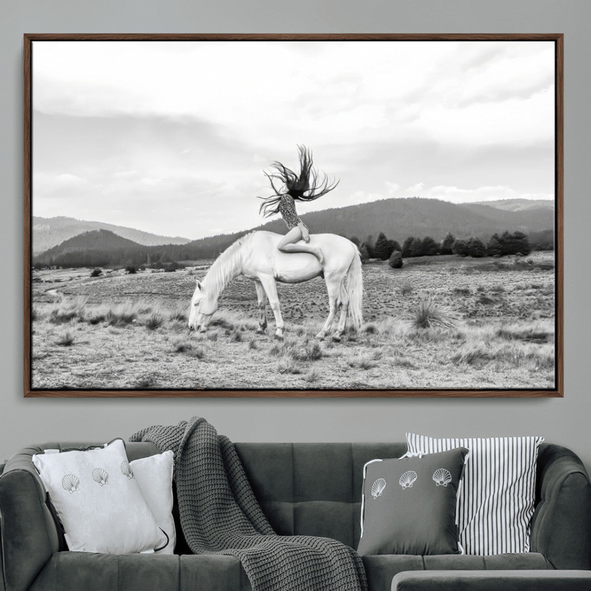 62789800-MGV-CV-36X24-White Horse Wall Art Canvas Print – Framed Woman Rider Equestrian Pose Western Boho Elegant Artwork for Home Office