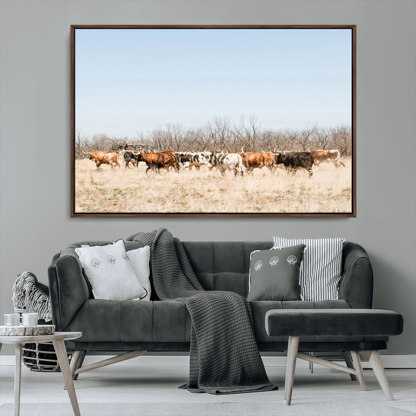 MGV-FC-36X24 - Texas Longhorns Wall Art Canvas Print, Framed Western Cattles Art Picture Print, Rustic Herd Perfect Rustic Farmhouse Decor Artwork