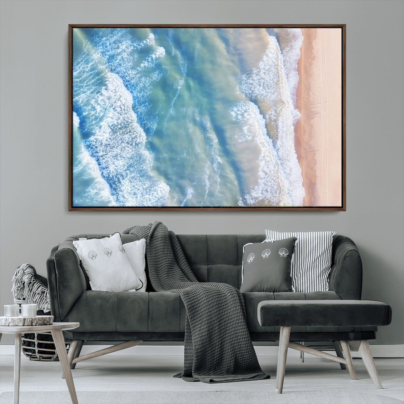 MGV-FC-36X24 - Aerial Ocean View Wall Art Canvas Print, Framed Soft Blue Waves Art Picture Print, Sandy Shoreline Perfect Modern Coastal Decor Artwork