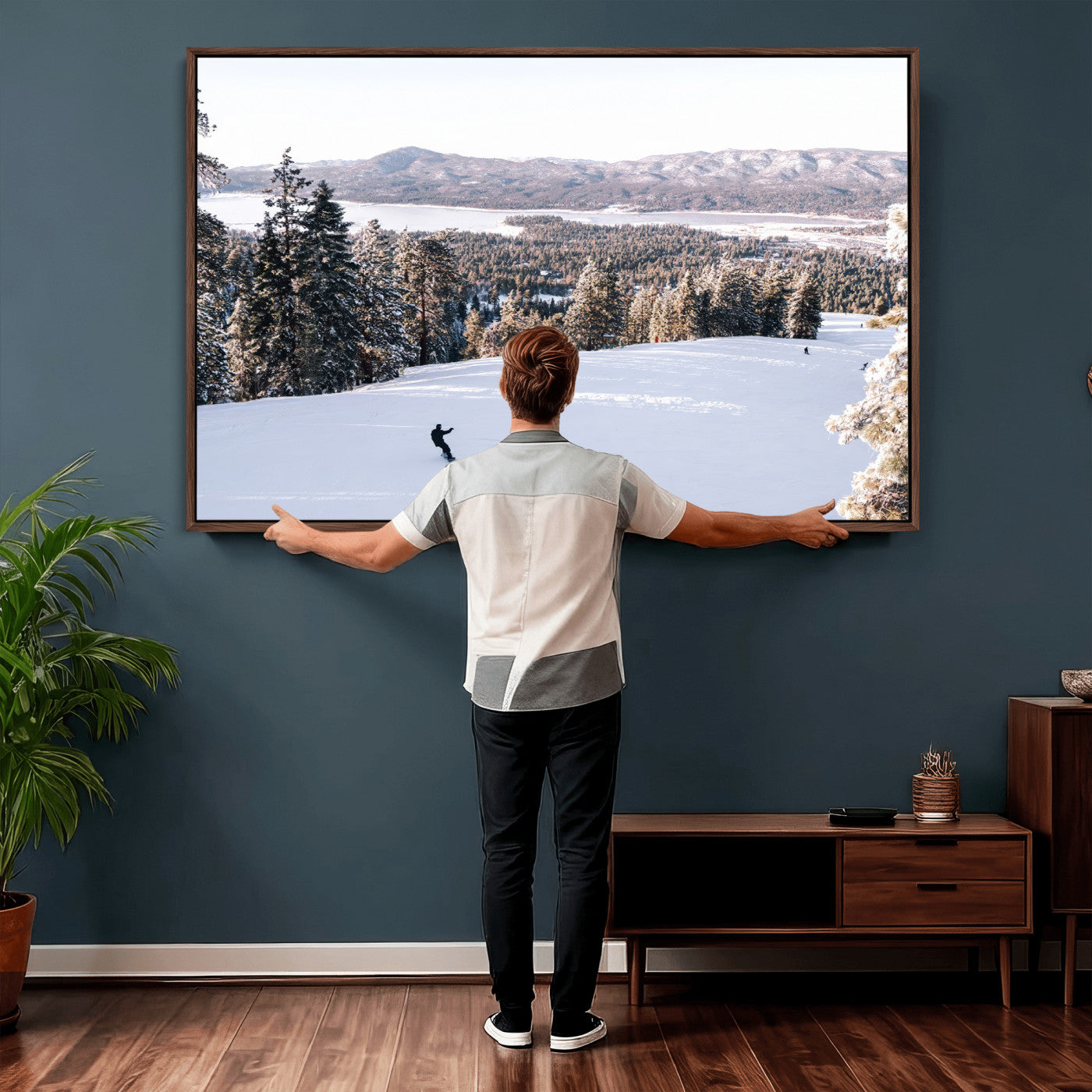 79857868-MGV-CV-36X24 - Snowboarder Wall Art – Winter Slope Canvas Print, Pine Forest, Snow-Covered Mountains, Outdoor Adventure for Living Room or Cabin Decor