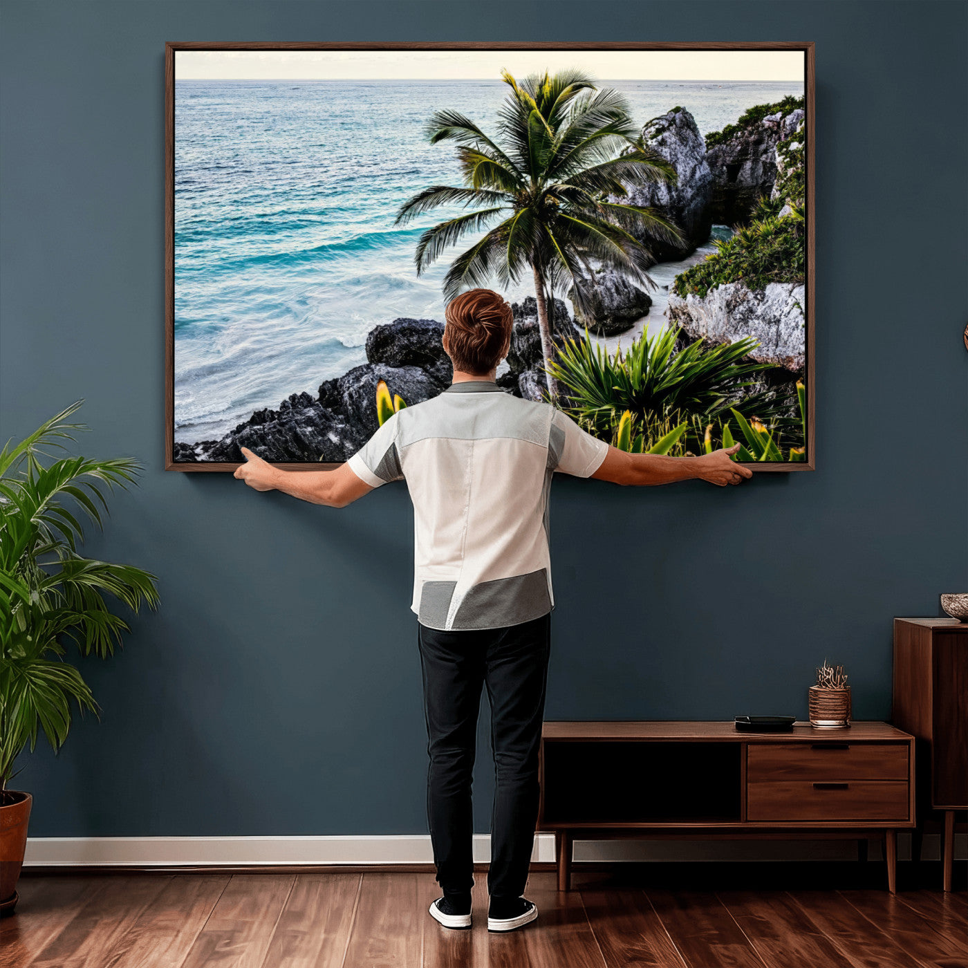 94669907-MGV-CV-36X24 - Tropical Palm Wall Art – Coastal Rocks Canvas Print, Ocean Breeze, Sandy Shore, Vibrant Green Foliage for Living Room or Beach House Decor