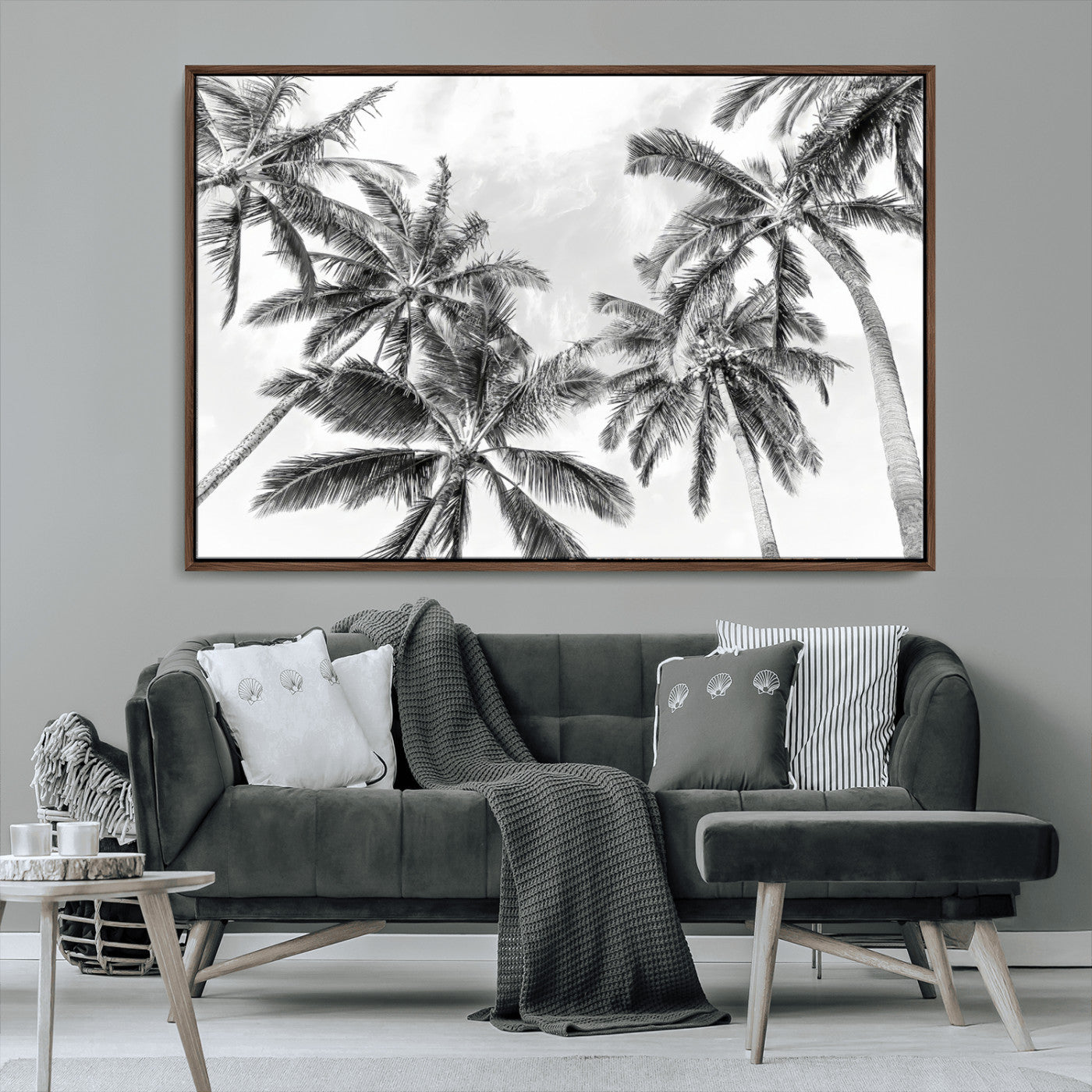 MGV-FC-36X24 - Black White Palm Wall Art Canvas Print, Framed Monochrome Tropics Art Picture Print, Minimalist Beach Perfect Coastal Minimalist Decor Artwork