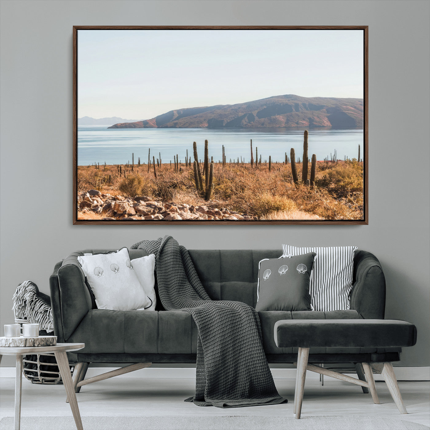 MGV-FC-36X24 - Desert Cactus Wall Art Canvas Print, Framed Baja Coastline Art Picture Print, Coastal Desert Perfect Southwestern Minimalist Decor Artwork