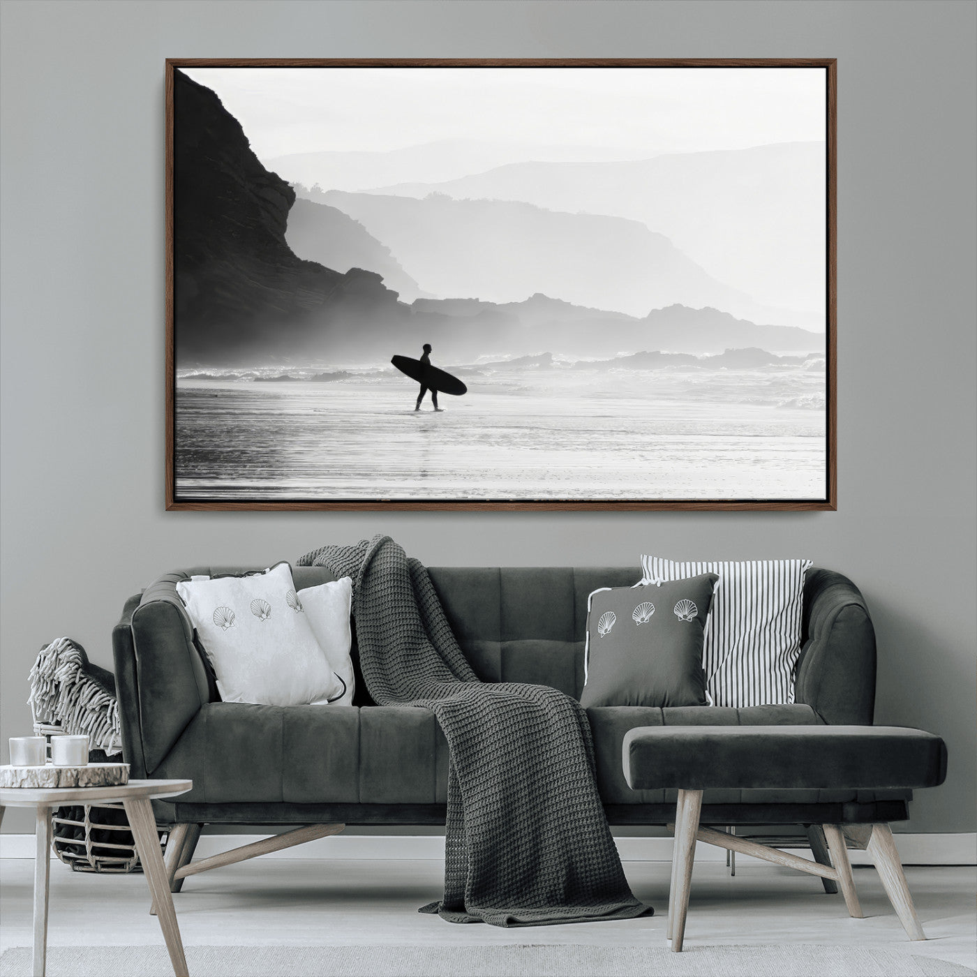MGV-FC-36X24 - Surfer In Fog Wall Art Canvas Print, Framed Moody Shoreline Art Picture Print, Cliffside Waves Perfect Minimalist Coastal Decor Artwork