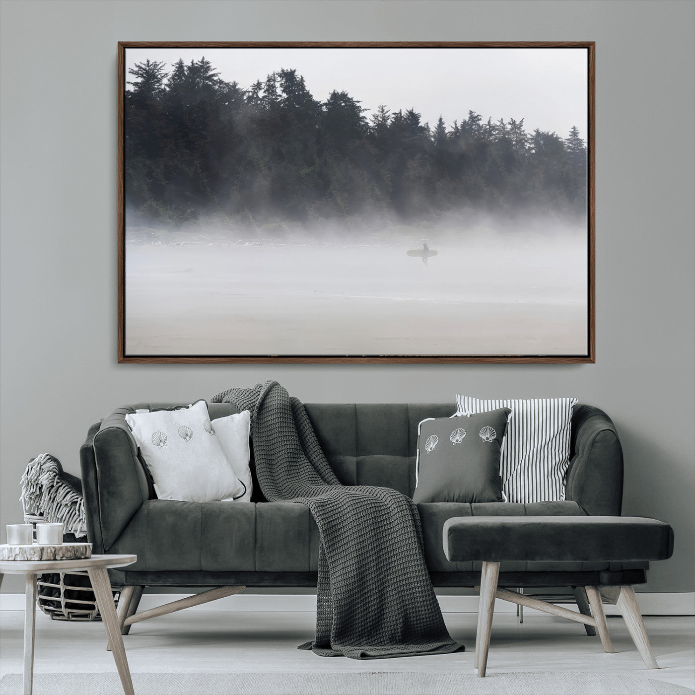 MGV-FC-36X24 - Surfer in Fog Wall Art Canvas Print, Framed Foggy Beach Art Picture Print, Coastal Surf Perfect Moody Coastal Decor Artwork