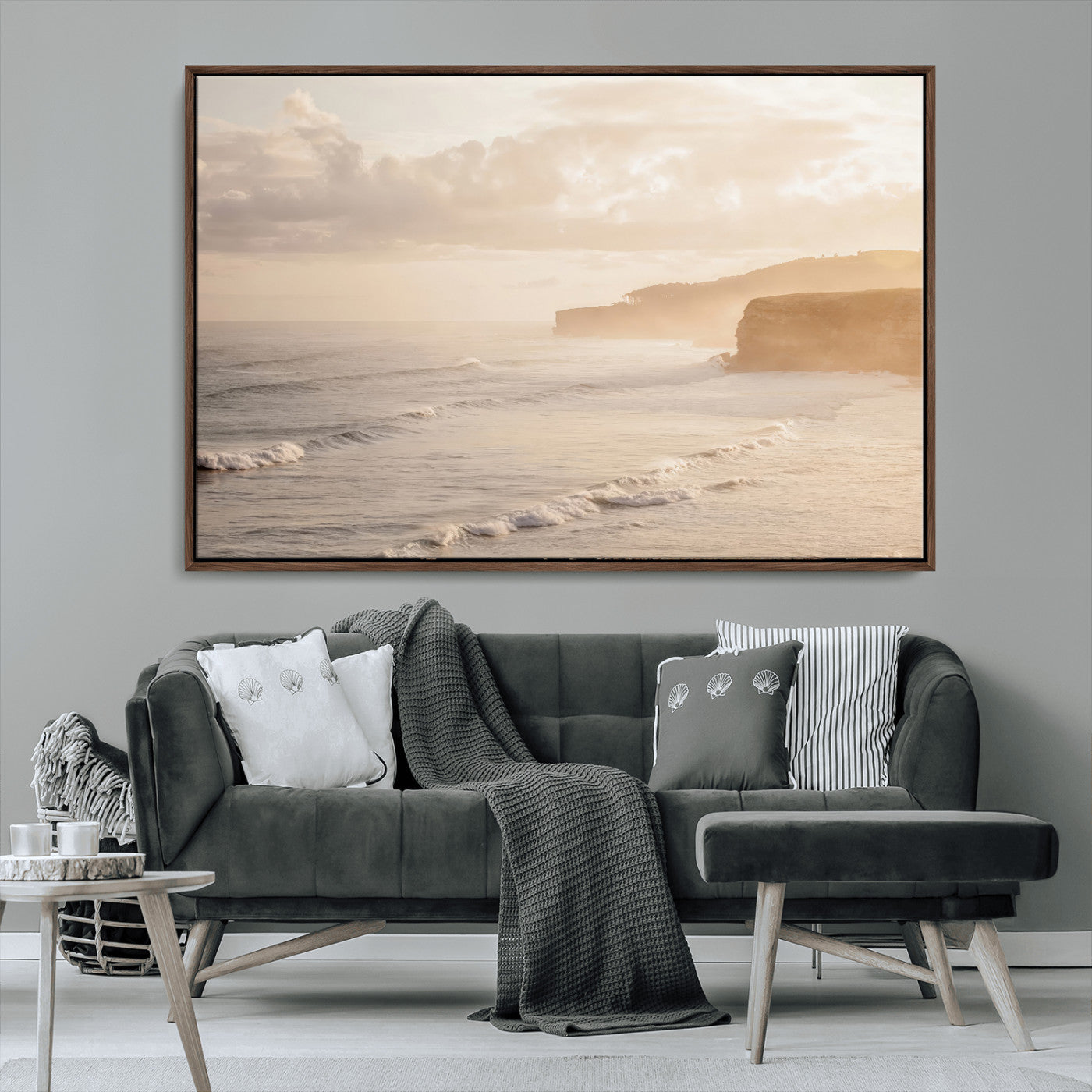 MGV-FC-36X24 - Misty Coastal Wall Art Canvas Print, Framed Golden Sunset Art Picture Print, Serene Shoreline Perfect Tranquil Coastal Decor Artwork