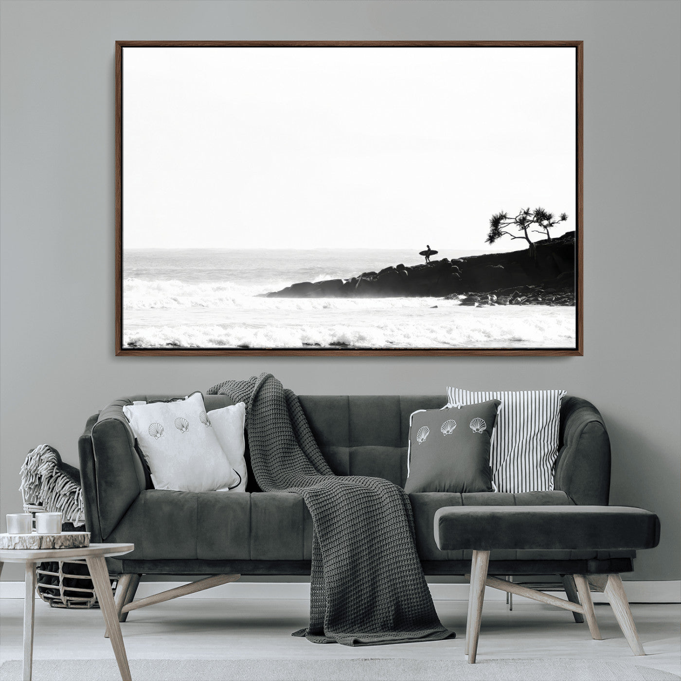 MGV-FC-36X24 - SurferCliffs Wall Art Canvas Print, Framed Black White Beach Art Picture Print, Ocean Waves Perfect Minimalist Coastal Decor Artwork
