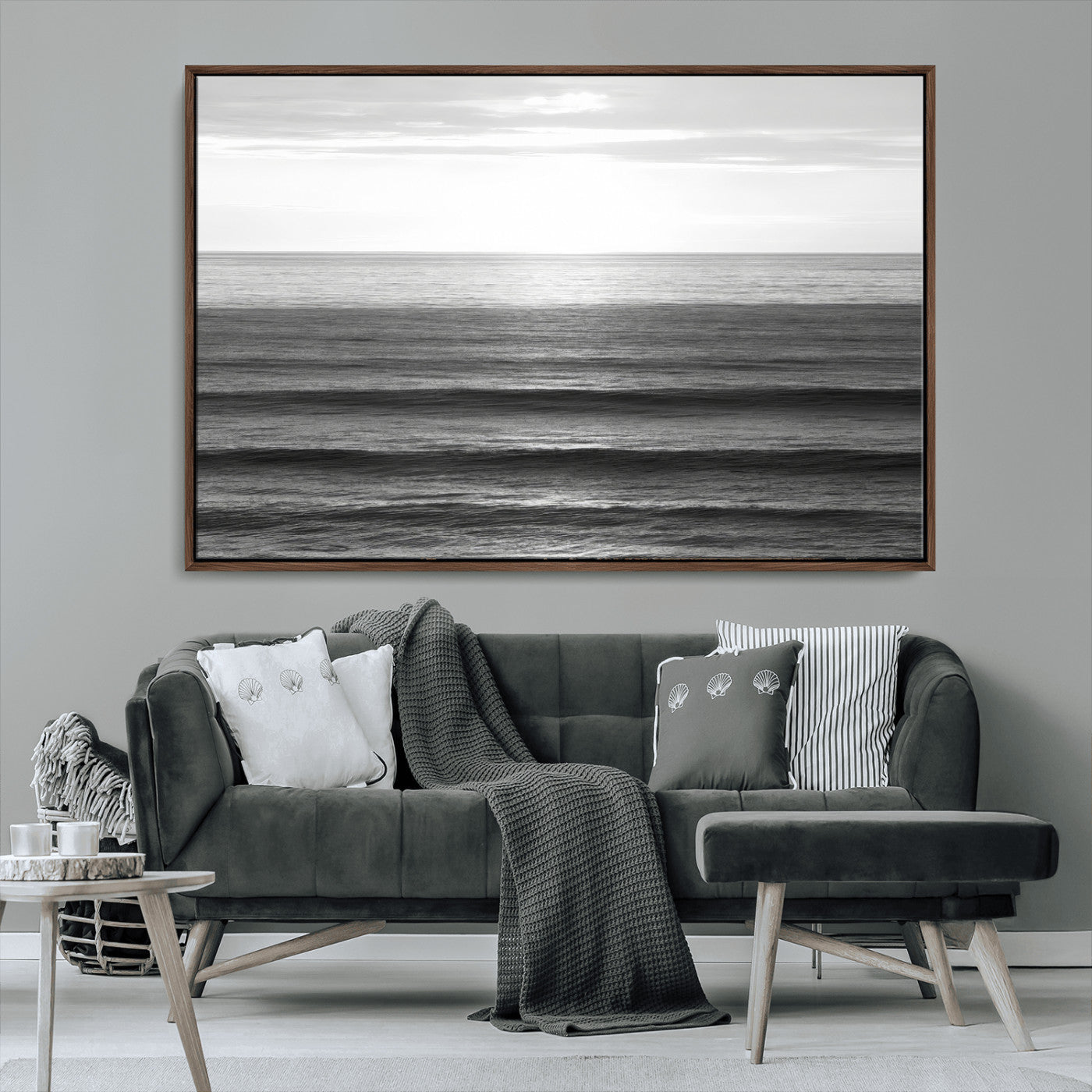 MGV-FC-36X24 - Monochrome Ocean Wall Art Canvas Print, Framed Moody Ocean Art Picture Print, Calm Ocean Perfect Minimalist Coastal Decor Artwork