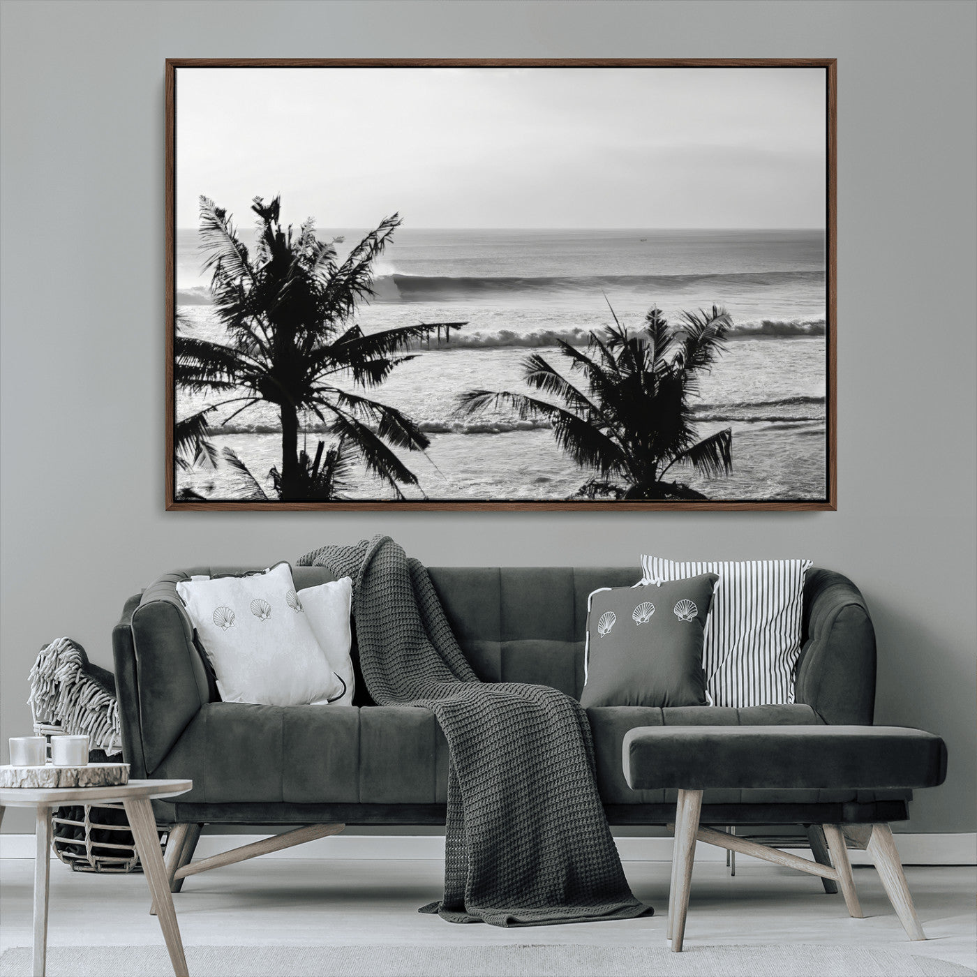 MGV-FC-36X24 - Tropical Coastline Wall Art Canvas Print, Framed Palm Trees Art Picture Print, Ocean Waves Perfect Minimalist Coastal Decor Artwork