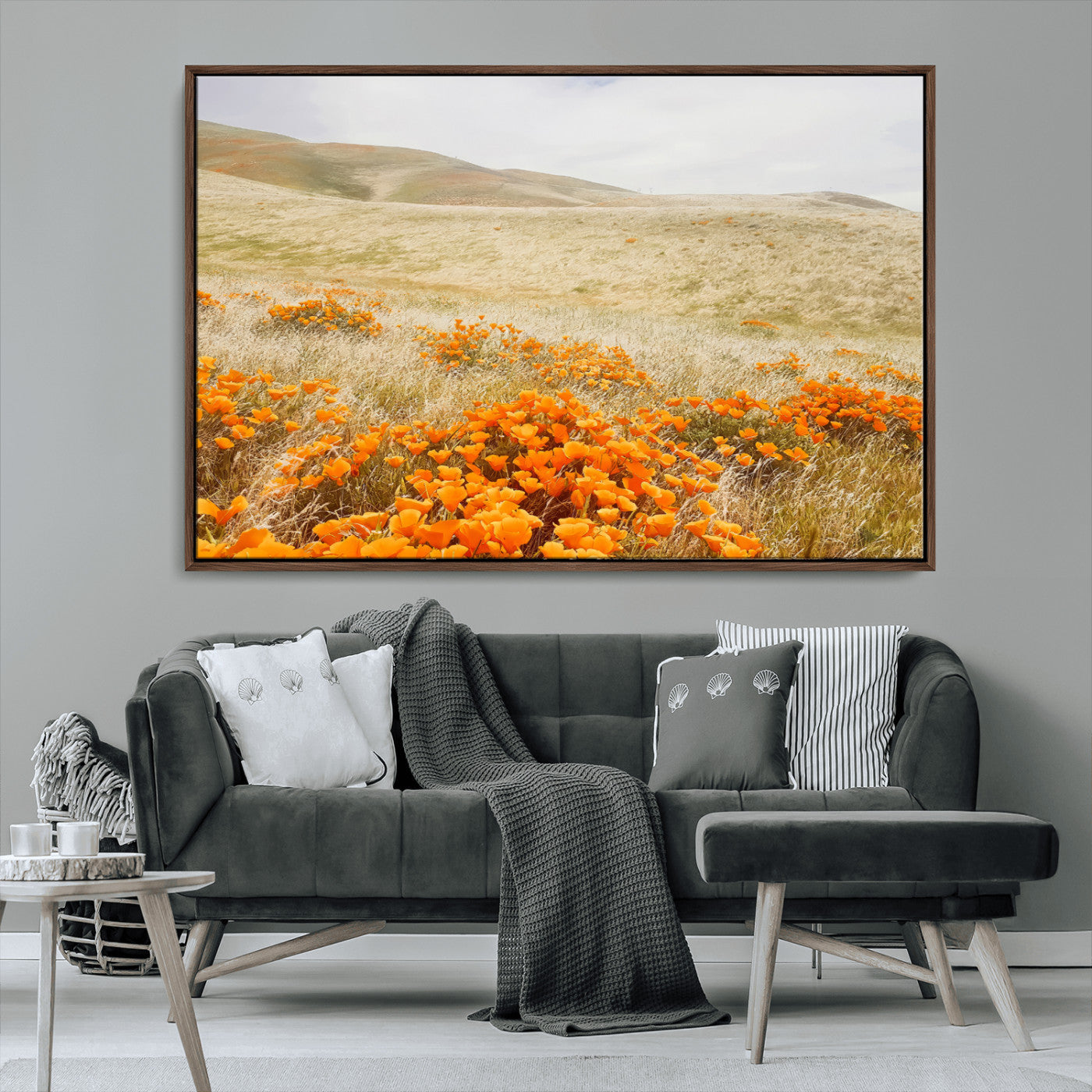 MGV-FC-36X24 - Golden Wildflowers Wall Art Canvas Print, Framed Hills Bloom Art Picture Print, Poppy Meadow Perfect Rustic Nature Decor Artwork