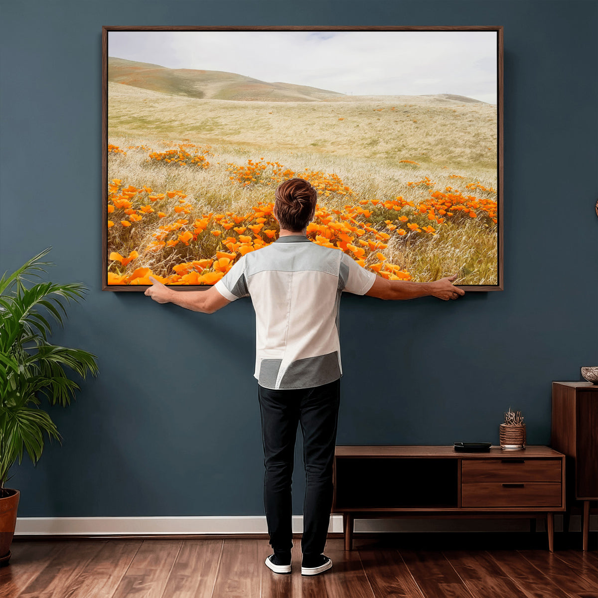 28972262-_Poster-30x20 - Golden Wildflowers Wall Art Canvas Print, Framed Hills and Poppy Meadow Scene