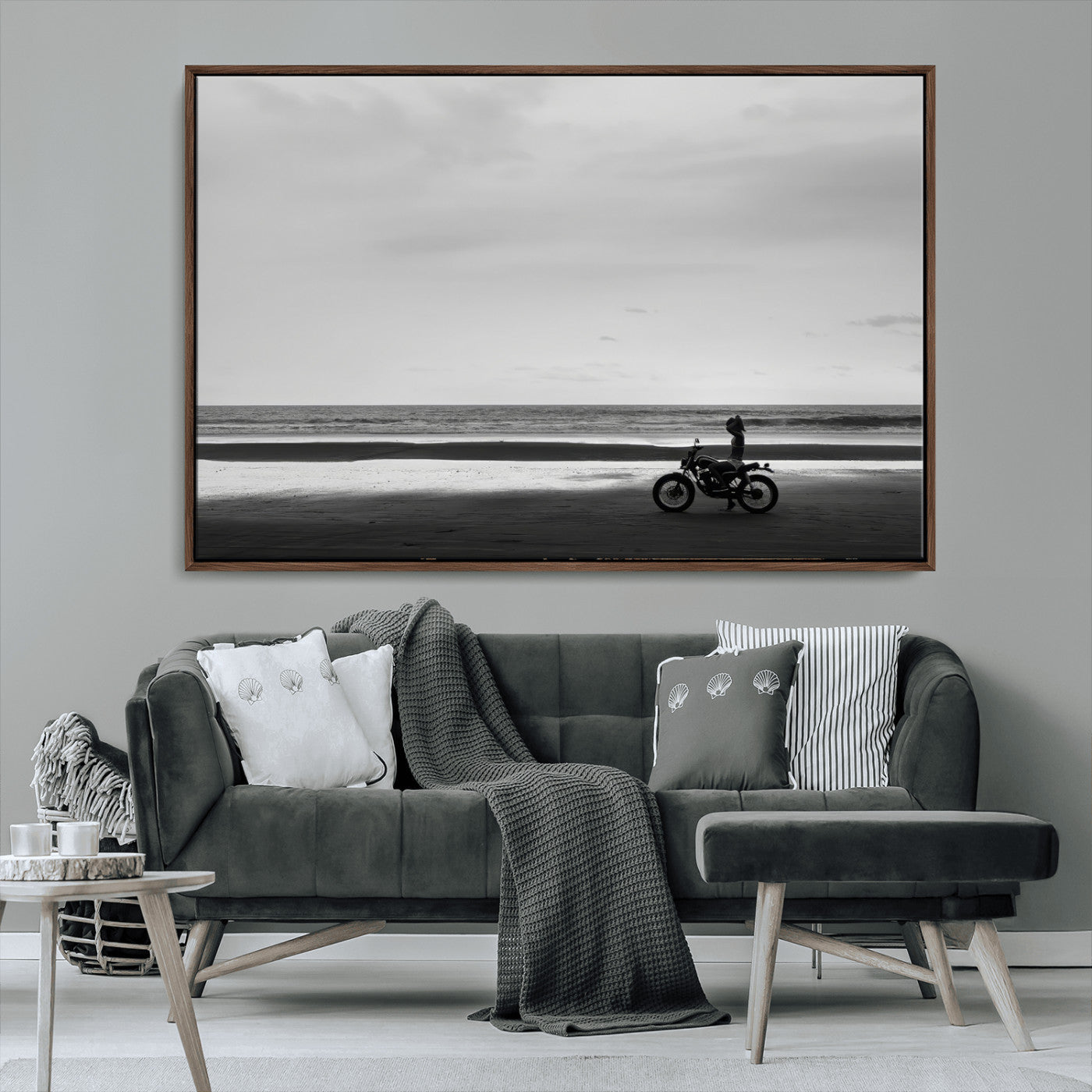 MGV-FC-36X24 - Motorcycle Beach Wall Art Canvas Print, Framed Vintage Motorcycle Art Picture Print, Biker Silhouette Perfect Minimalist Adventure Decor Artwork