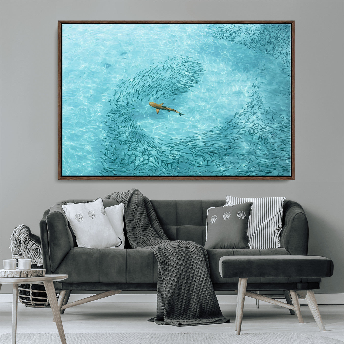 MGV-FC-36X24 - Fish Swarm Wall Art Canvas Print, Framed Marine Life Art Picture Print, Shark Aerial Perfect Wildlife Coastal Decor Artwork