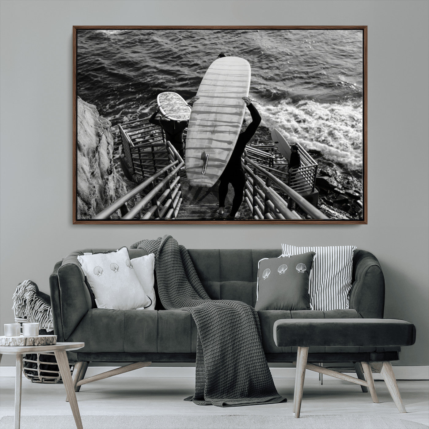 MGV-FC-36X24 - Black White Surfing Wall Art Canvas Print, Framed Coastal Surfing Art Picture Print, Wave Riders Perfect Coastal Adventure Decor Artwork