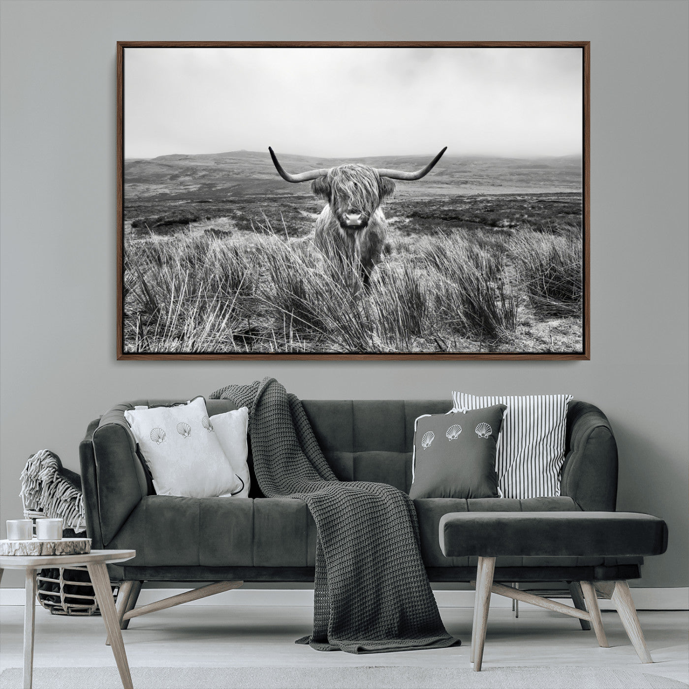 MGV-FC-36X24 - Monochrome Highland Cow Wall Art Canvas Print, Framed Scottish Bull Art Picture Print, Lone Cattle Perfect Rustic Farmhouse Decor Artwork