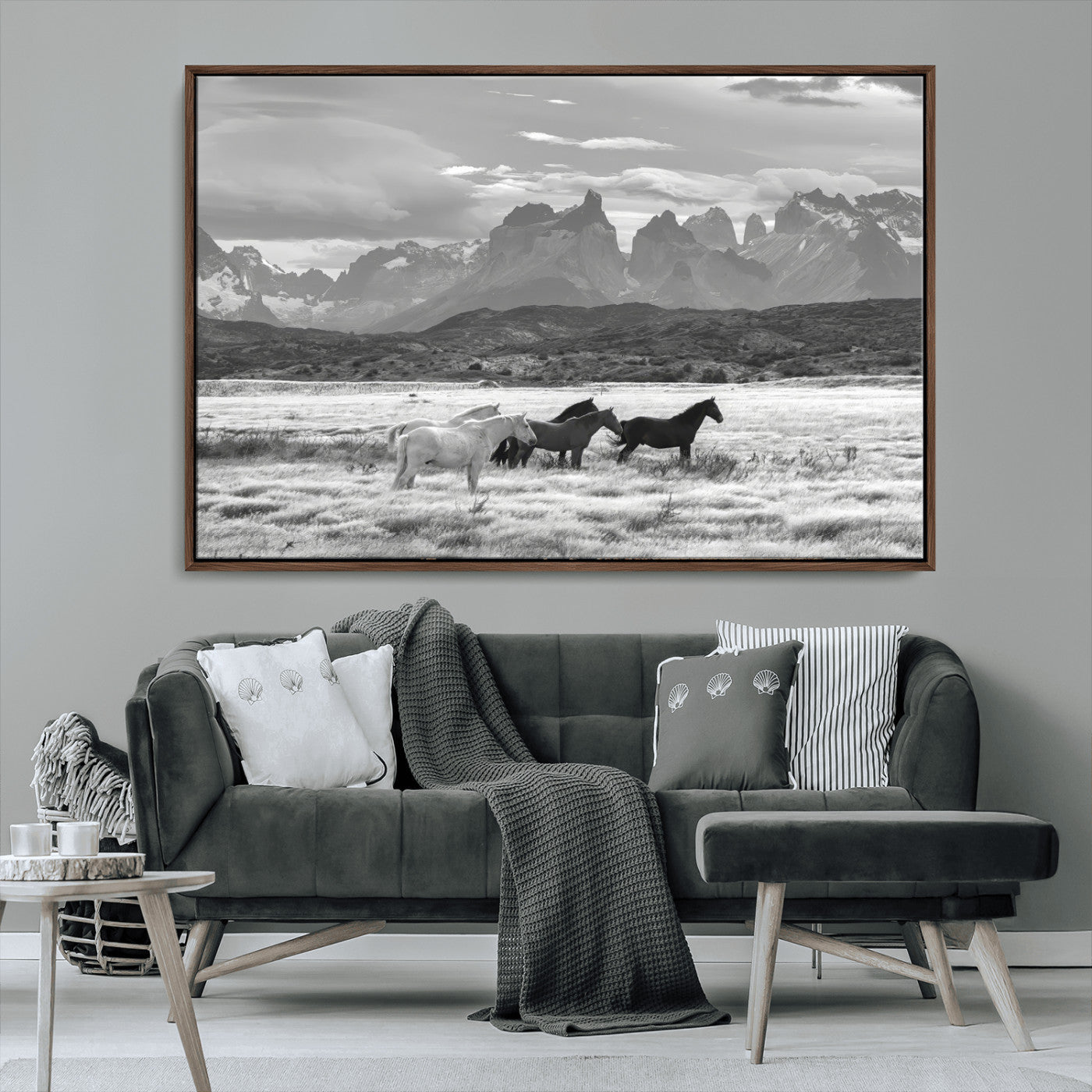 MGV-FC-36X24 - Wild Horses Wall Art Canvas Print, Framed Black White Mountains Art Picture Print, Rustic Countryside Perfect Rustic Western Decor Artwork