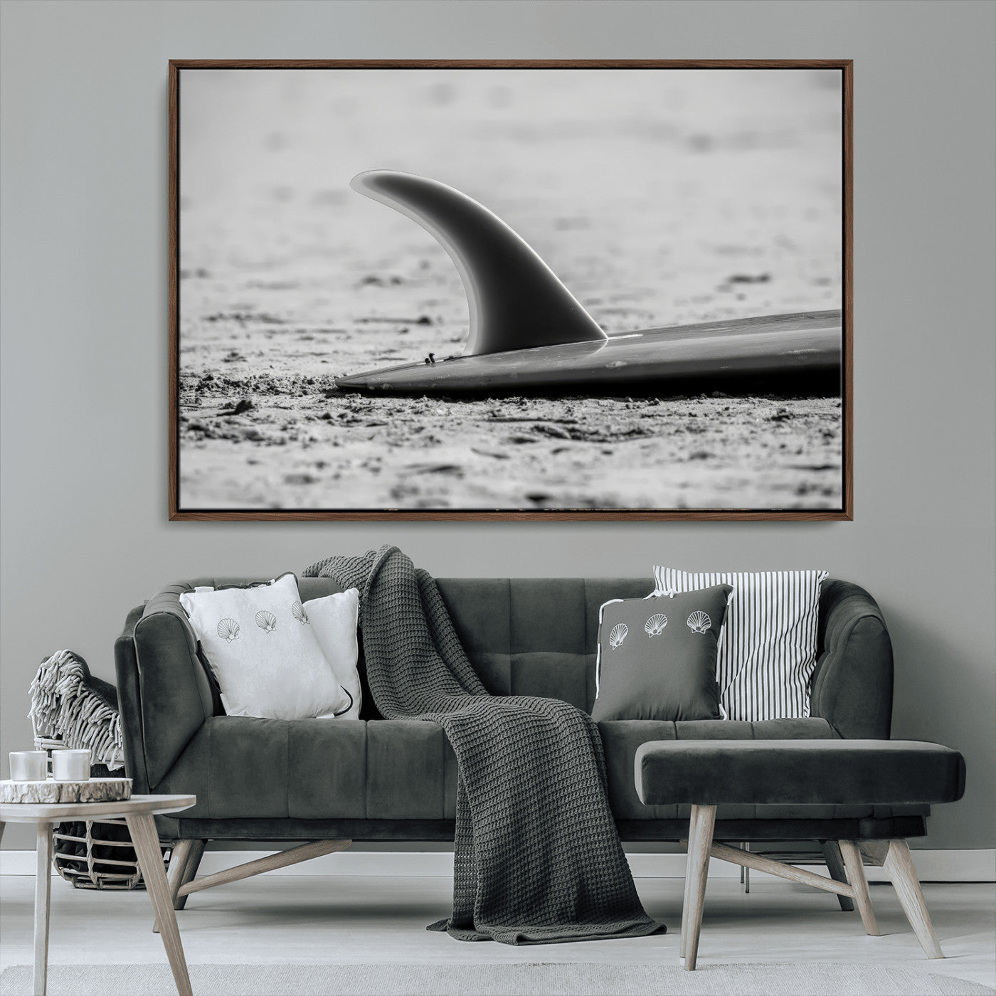 MGV-FC-36X24 - Black White Surfboard Wall Art Canvas Print, Framed Minimalist Beach Art Picture Print, Surf Fin Perfect Minimalist Coastal Decor Artwork