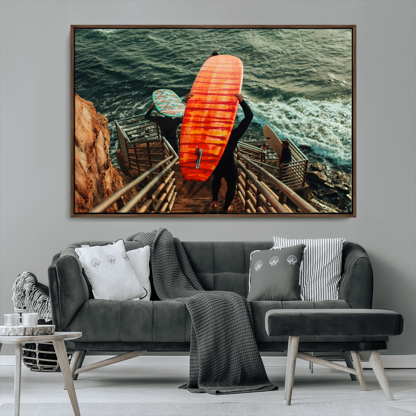 MGV-FC-36X24 - Surfer Stairway Wall Art Canvas Print, Framed Ocean Surf Art Picture Print, Sunset Coastal Perfect Coastal Adventure Decor Artwork