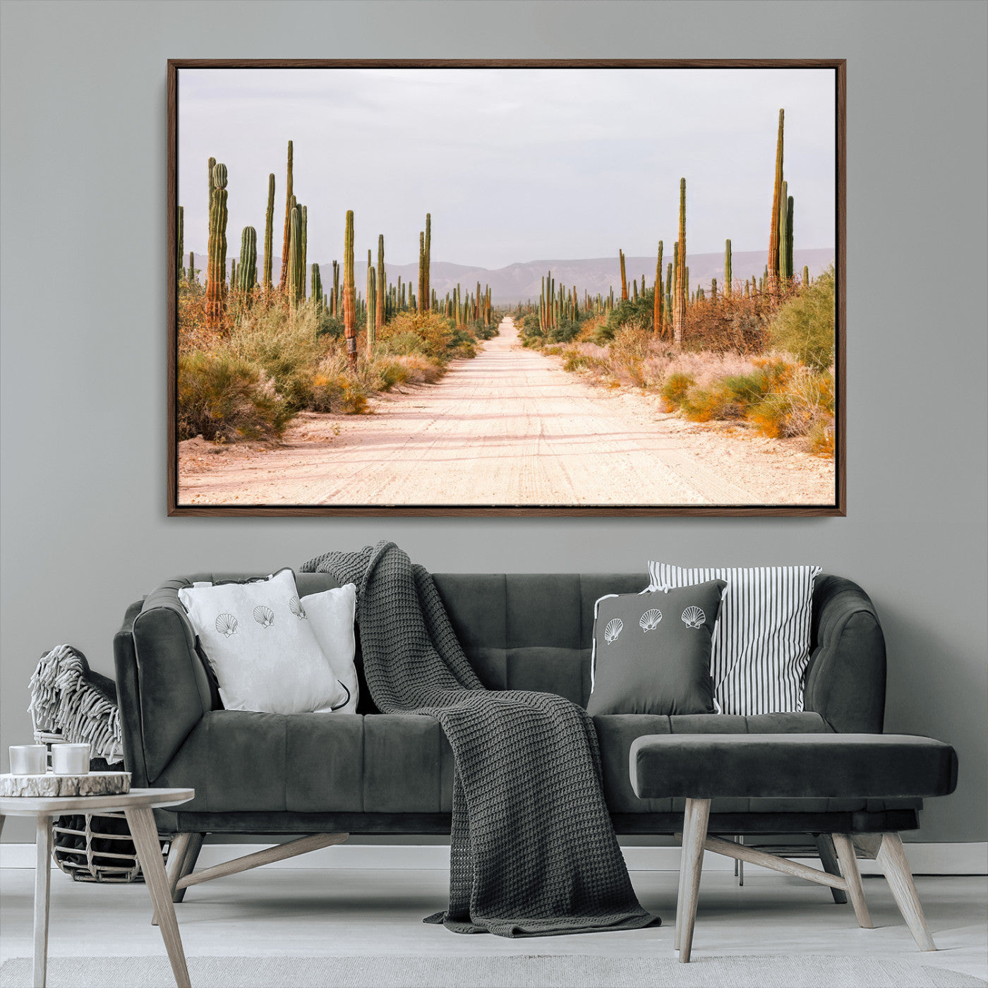 MGV-FC-36X24 - Desert Cactus Lined Road Wall Art Canvas Print, Framed Southwestern Landscape Art Picture Print, Bohemian Western Aesthetic Perfect Southwestern Boho Decor Artwork