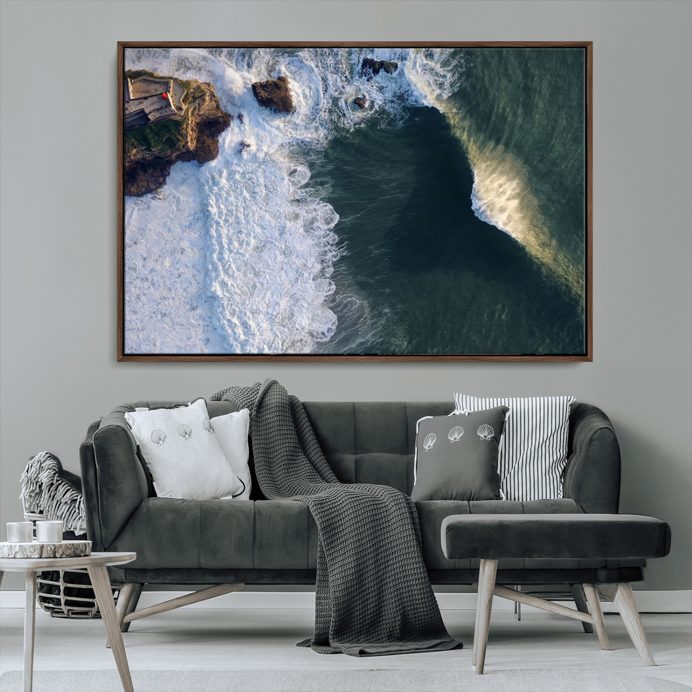 MGV-FC-36X24 - Nazaré Coast Wall Art Canvas Print, Framed Aerial Ocean Art Picture Print, Coastal Fortress Perfect Dramatic Coastal Decor Artwork