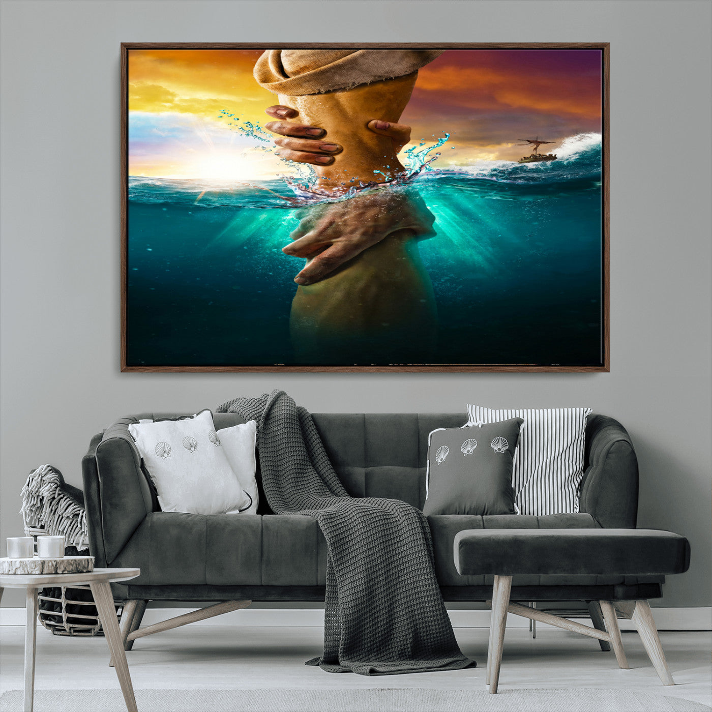 A dramatic scene of a hand reaching underwater and being lifted, symbolizing rescue and faith, ideal for spiritual or Christian wall decor.