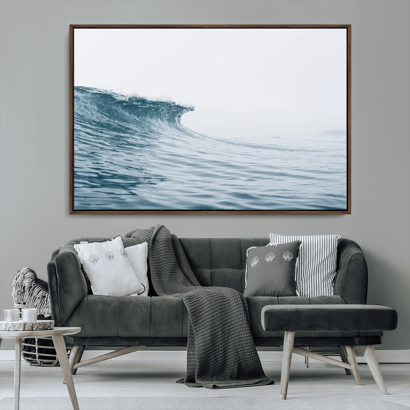 A single ocean wave curling in soft blue tones under a misty sky, ideal for coastal or minimalist home wall decor.