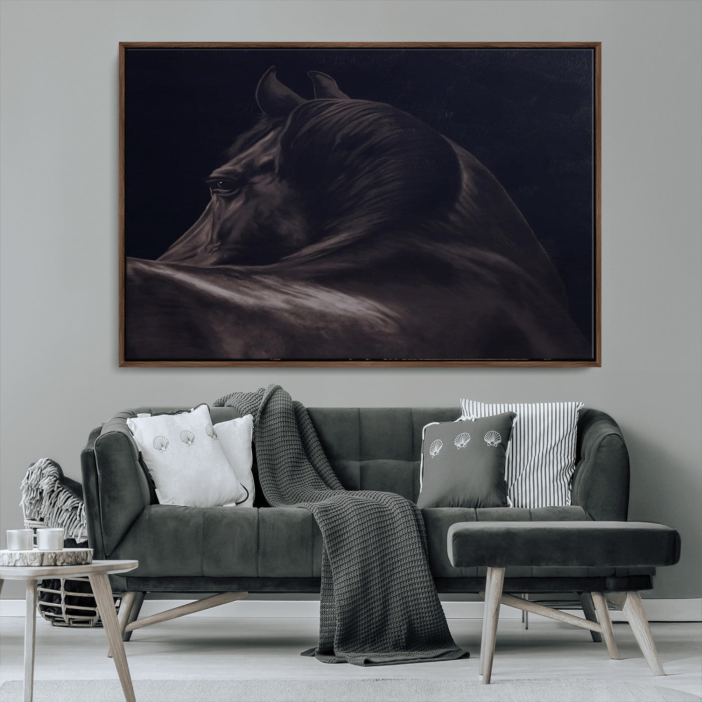 Moody black horse portrait with dramatic lighting on dark background, ideal for rustic, modern or Western style home decor.