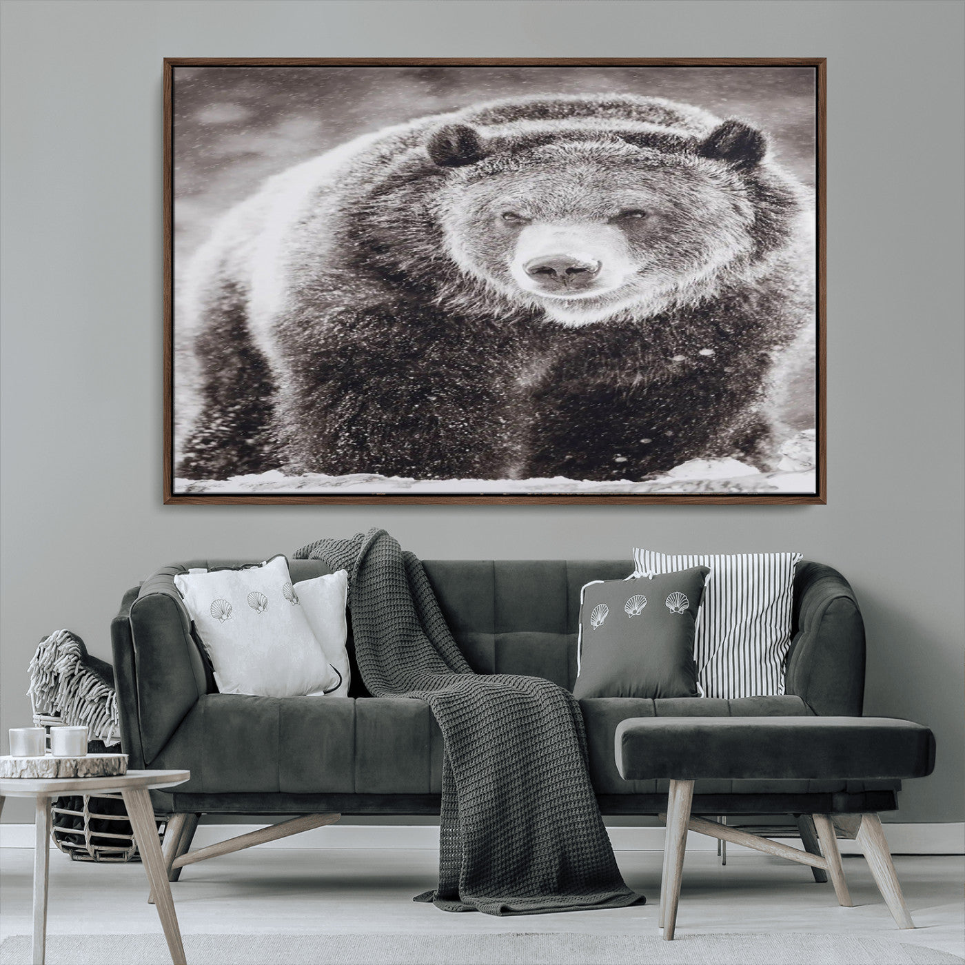 Snow-covered grizzly bear in black and white, ideal for rustic lodge, cabin or wildlife-themed home wall decor.