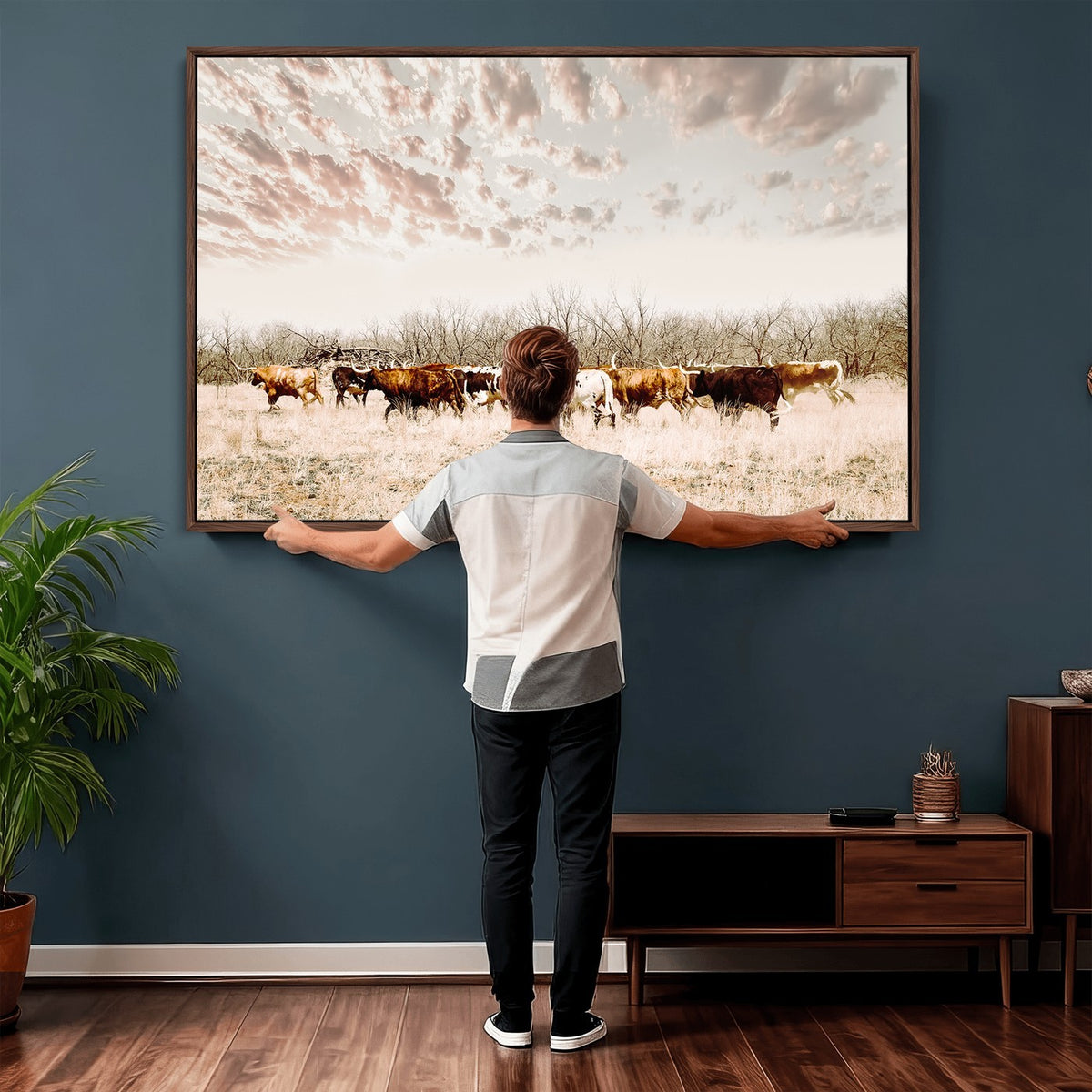 64892775-MGV-CV-24X16 - Longhorn Cattle Wall Art Canvas Print, Framed Texas Ranch Art, Western Cow Print, Prairie Landscape Decor