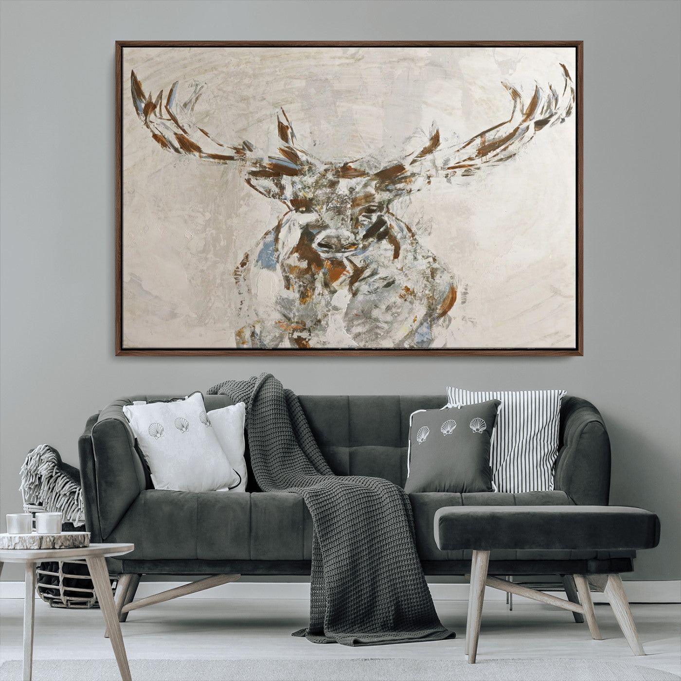 Abstract painting of a deer with antlers in neutral earth tones, ideal for modern rustic or lodge-style living room wall decor.