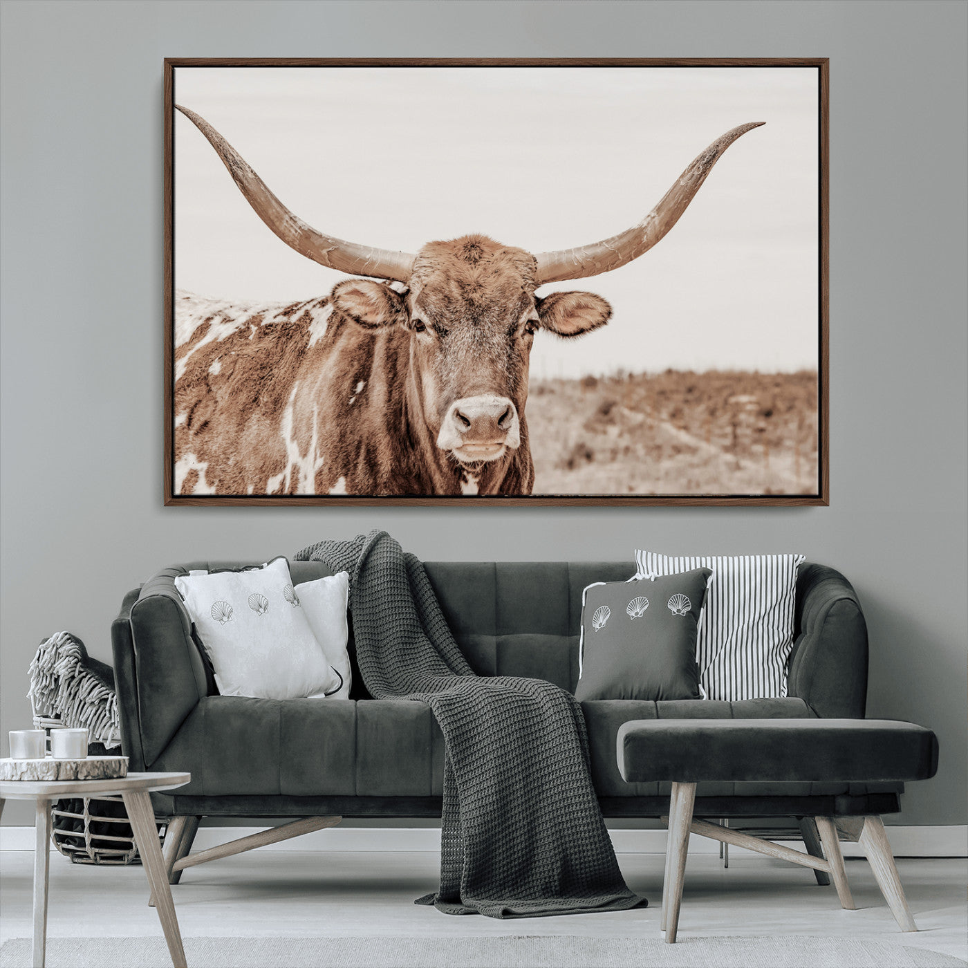 MGV-FC-36X24 - Longhorn Cow Wall Art Canvas Print, Framed Texas Ranch Art Picture Print, Western Bull Perfect County Decor Artwork