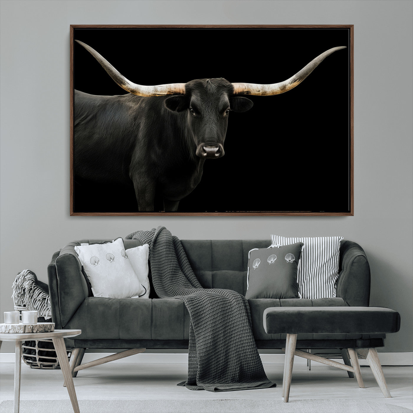 MGV-FC-36X24 - Longhorn Cattle Wall Art Canvas Print, Framed Texas Ranch Art Picture Print, Western Cow Perfect Farmhouse Decor Artwork