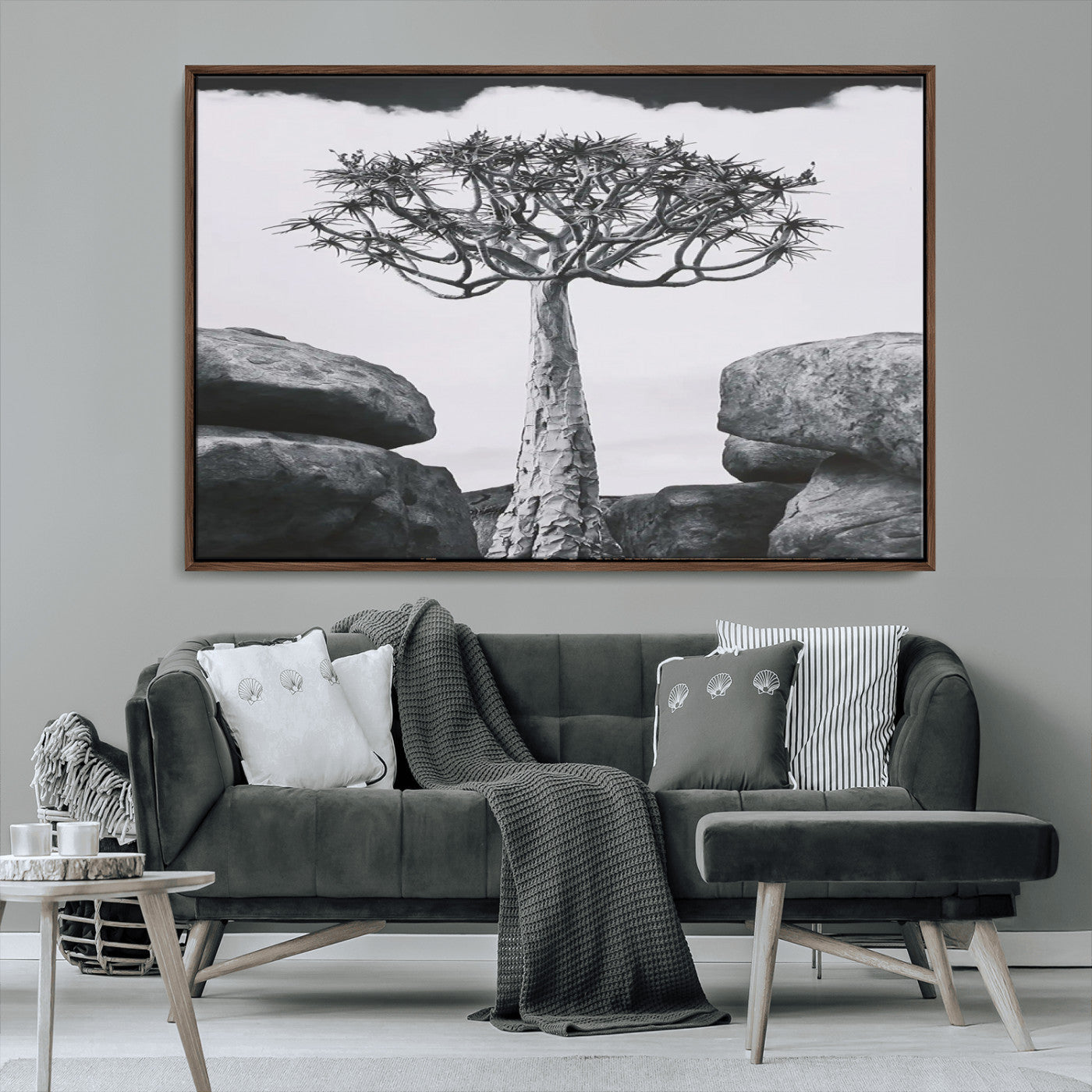 Black and white Joshua tree with bold rocky background, ideal for minimalist or desert-inspired home wall decoration.
