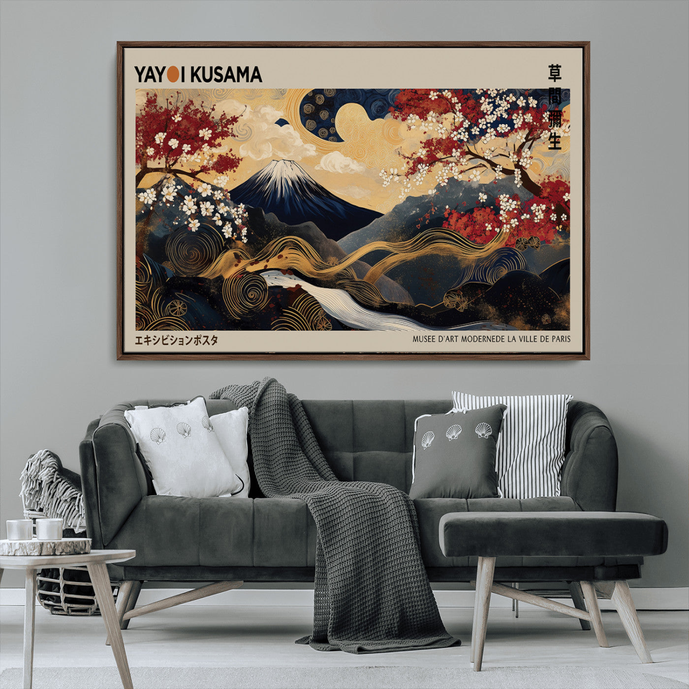 MGV-FC-36X24 - Modern Japanese Wall Art, Yayoi Kusama Japanese Print Wall Art, Abstract Mount Fuji Canvas Print,