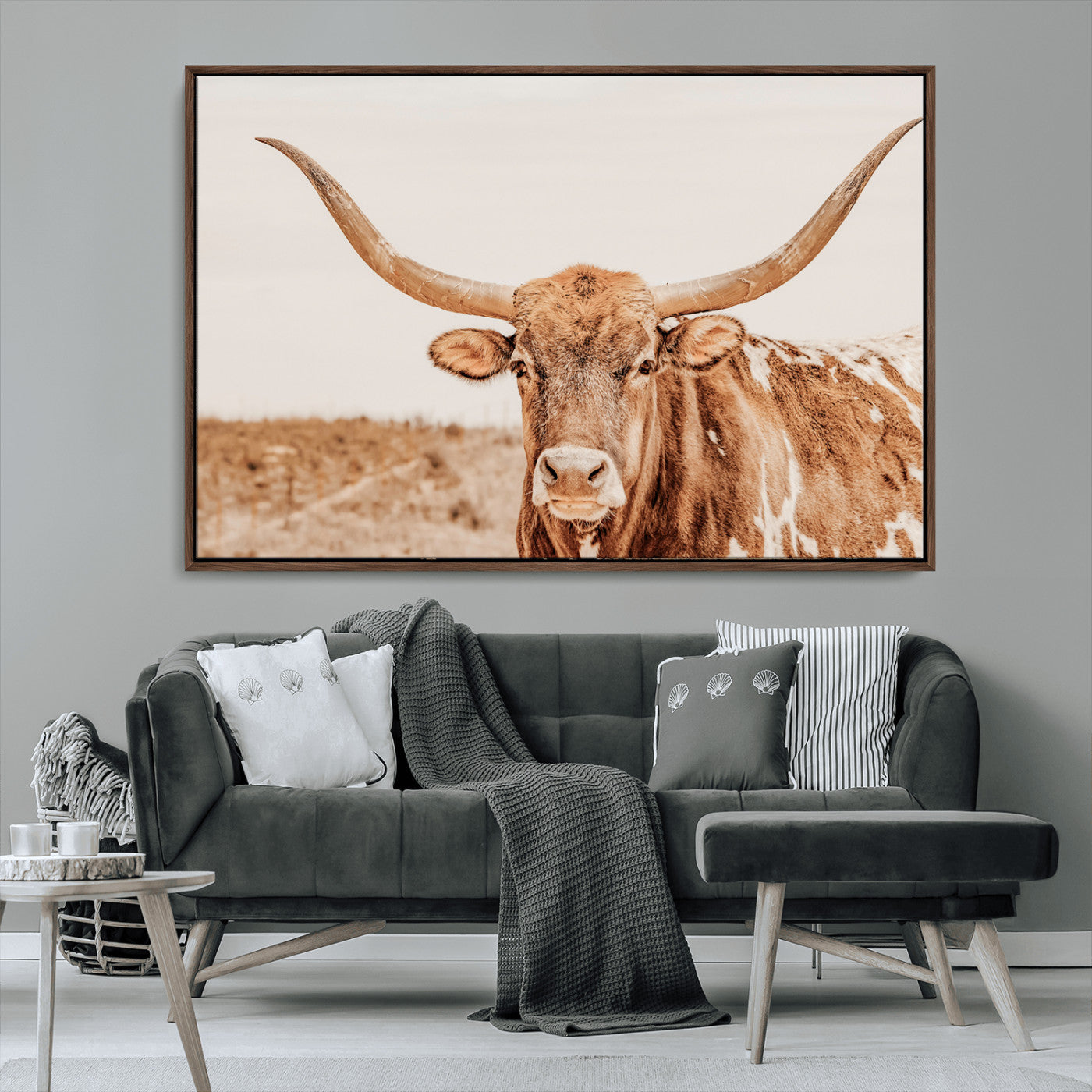 MGV-FC-36X24 - Longhorn Bull Wall Art Canvas Print, Framed Western Cow Art Picture Print, Rustic Farmhouse Perfect Neutral Farmhouse Decor Artwork