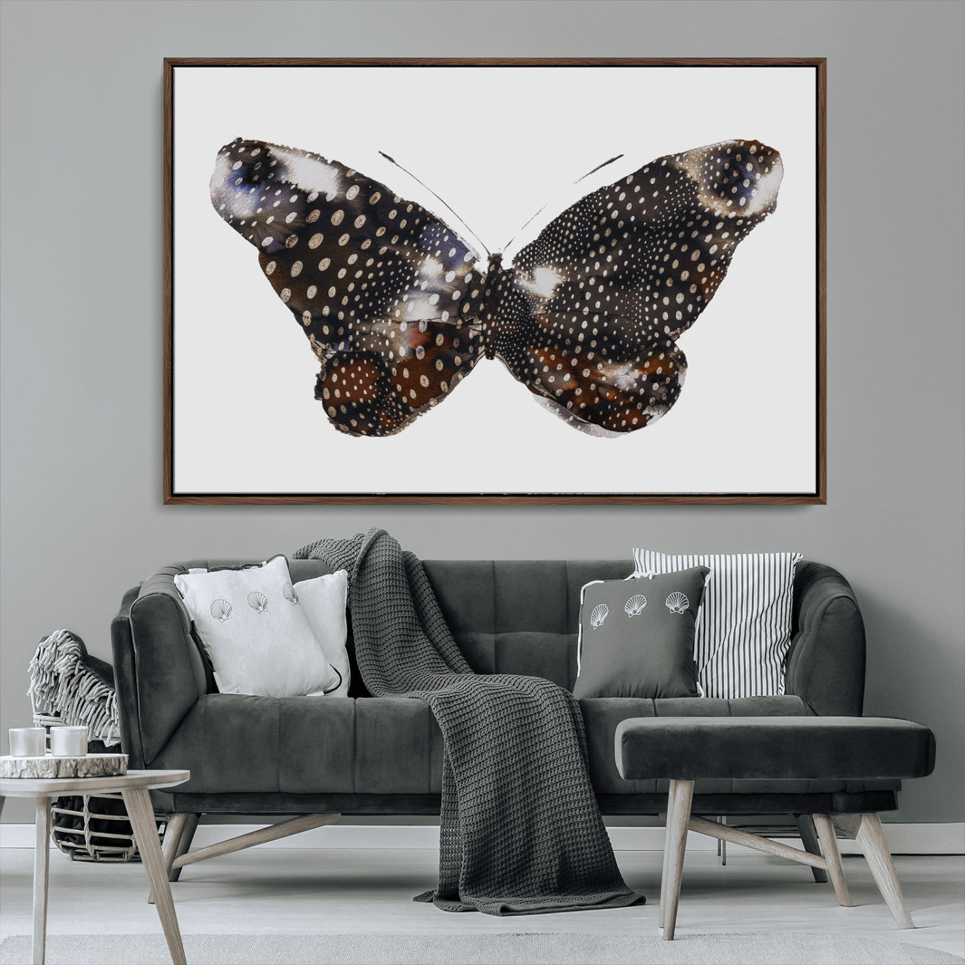 MGV-FC-36X24 - Spotted Butterfly Wall Art Canvas Print, Framed Neutral Insect Theme Art Picture Print, Earthy Wing Pattern Perfect Modern Rustic Decor Artwork