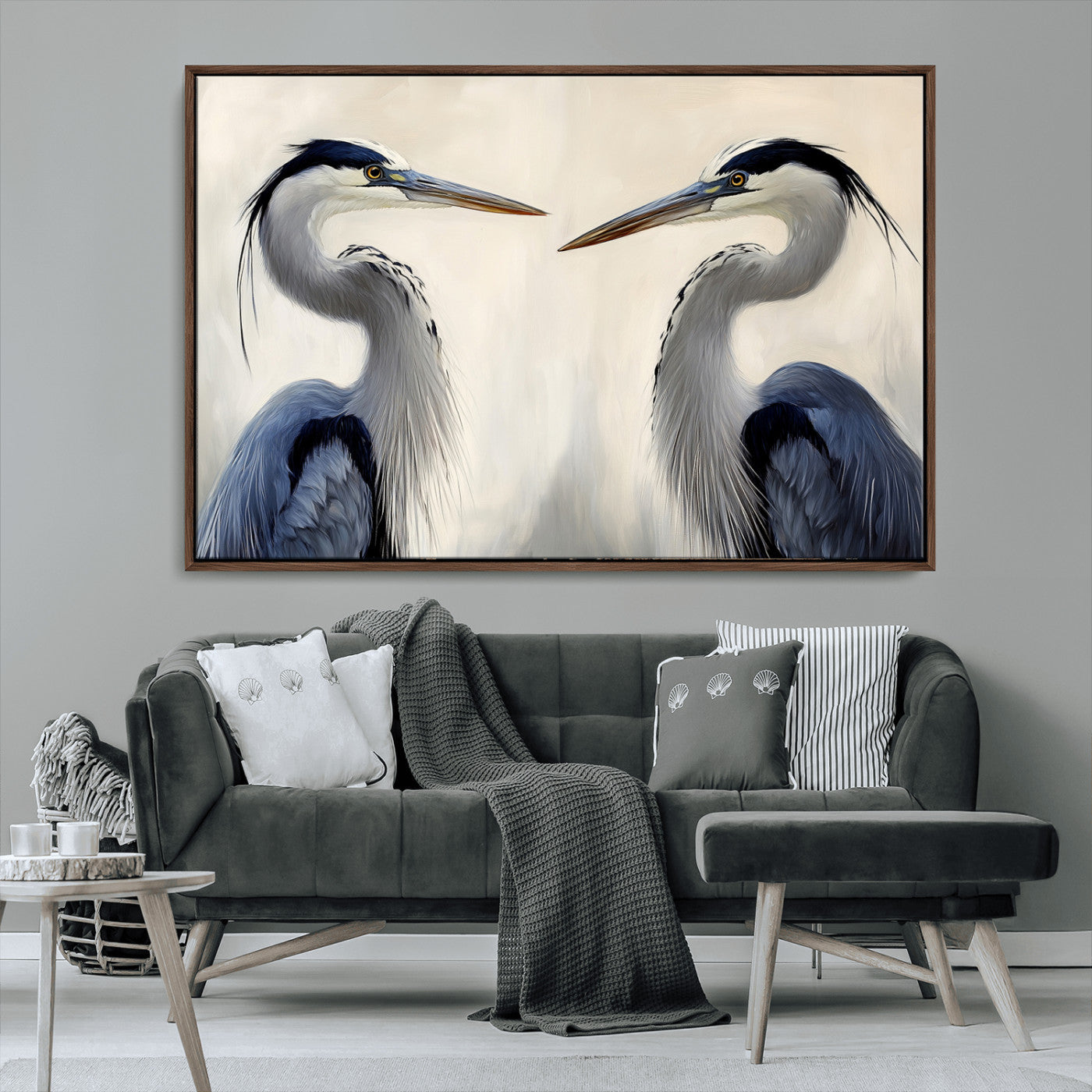 MGV-FC-36X24 - Blue Heron Pair Wall Art Canvas Print, Framed Coastal Bird Theme Art Picture Print, Tranquil Wildlife Scene Perfect Coastal Minimalist Decor Artwork