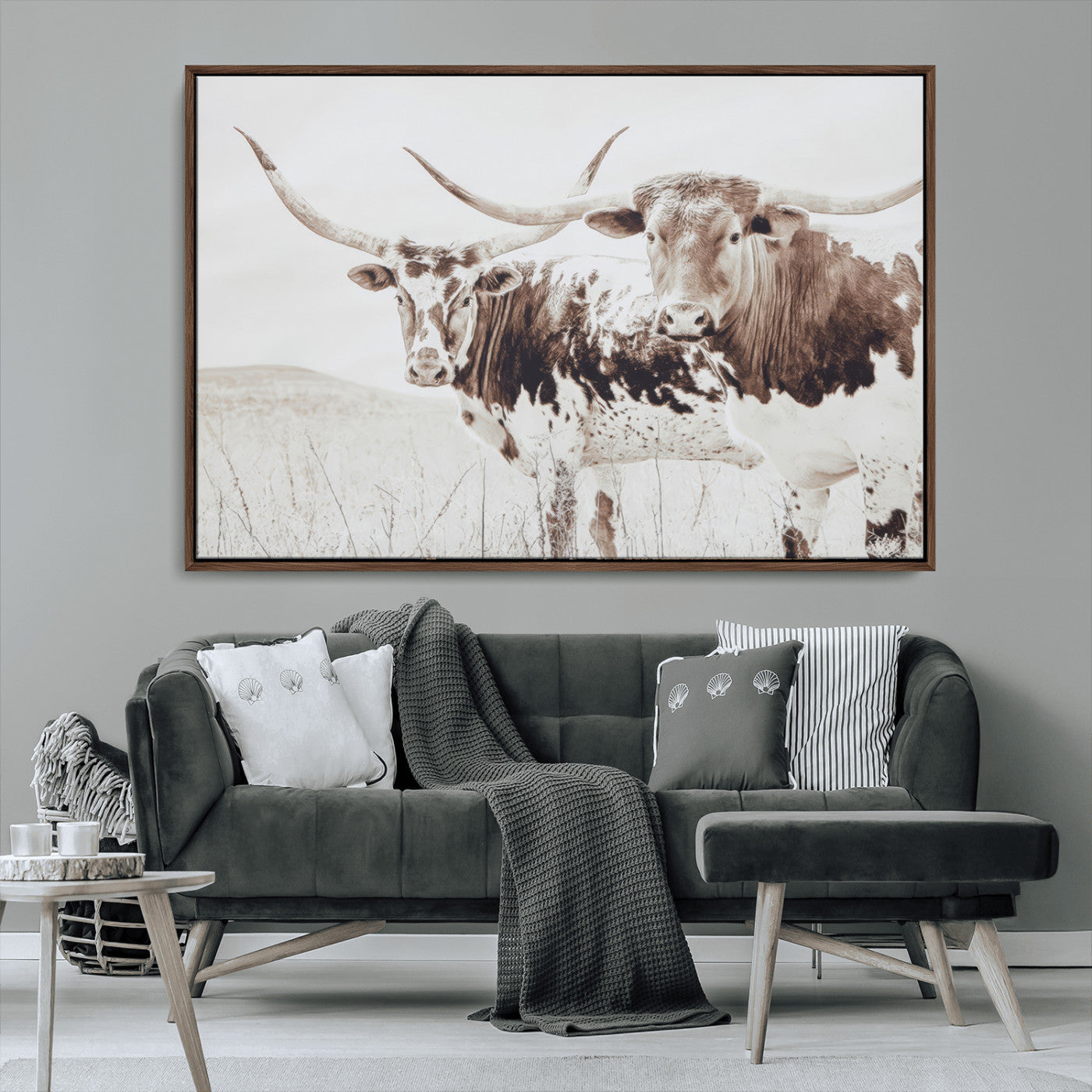 MGV-FC-36X24 - Longhorn Wall Art Wall Art Canvas Print, Framed Western Cow Canvas Art Picture Print, Rustic Farm Decor Perfect Rustic Farmhouse Decor Artwork