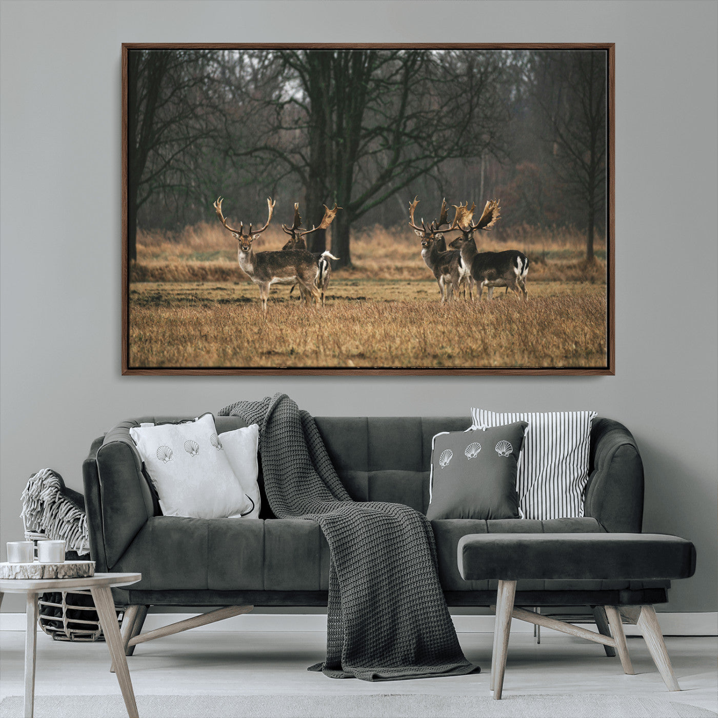 MGV-FC-36X24 - Deer Photography Wall Art Canvas Print, Framed Rustic Wildlife Art Picture Print, Stags In Forest Perfect Rustic Wilderness Decor Artwork