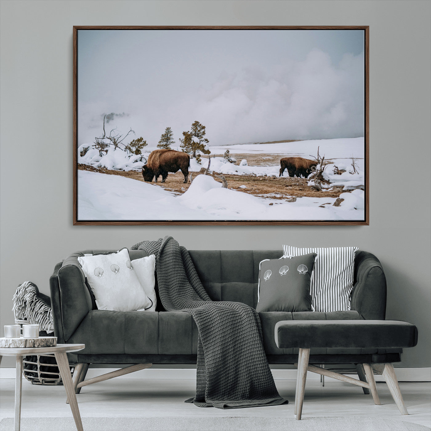 MGV-FC-36X24 - Bison Wildlife Wall Art Canvas Print, Framed Snowy Prairie Art Picture Print, Western Perfect Rustic Decor Artwork