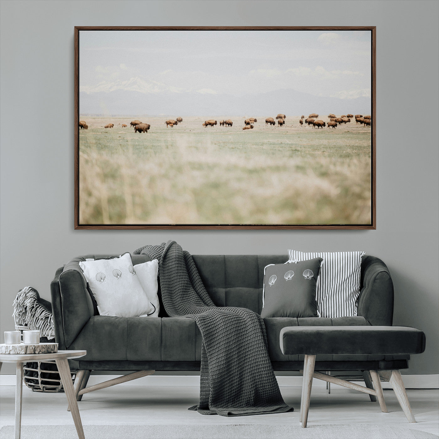 MGV-FC-36X24 - Bison Herd Wall Art Canvas Print, Framed Western Art Picture Print, Bison Perfect Ranch Decor Artwork