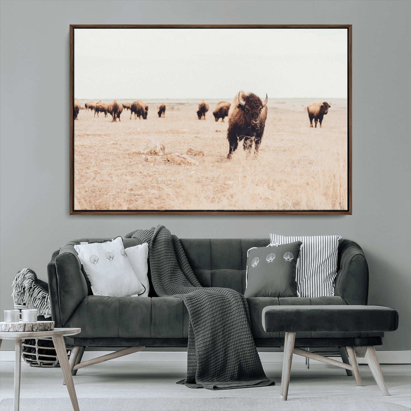 MGV-FC-36X24 - Bison Herd Wall Art Canvas Print, Framed Western Art Picture Print, Prairie Serenity Perfect Ranch Decor Artwork