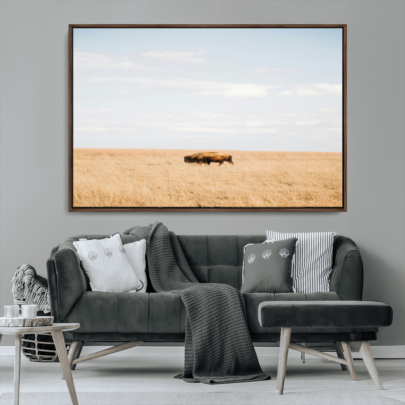 MGV-FC-36X24 - Minimalist Nature Wall Art Canvas Print, Framed Bison In Grassland Art Picture Print, Open Field Perfect Modern Ranch Decor Decor Artwork