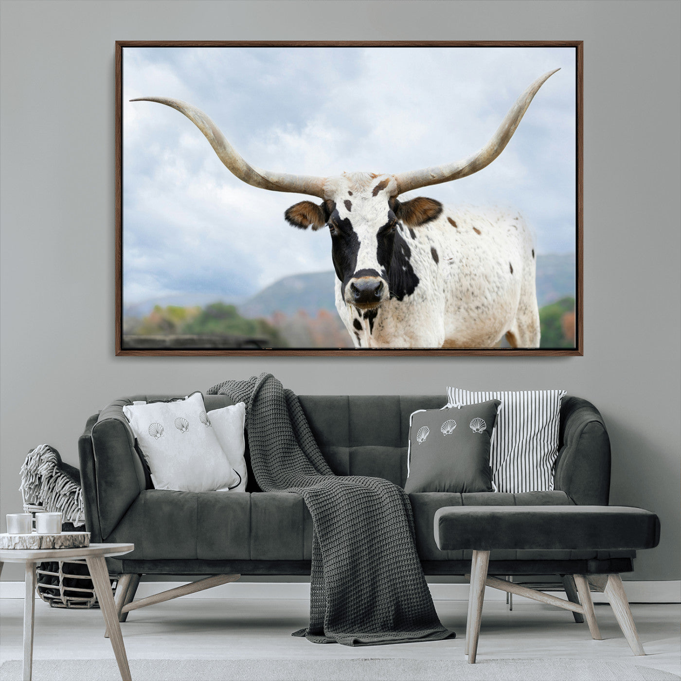 MGV-FC-36X24 - Texas Longhorn Wall Art Canvas Print, Framed Western Rustic Art Picture Print, Farmhouse Decor Perfect Farmhouse Decor Artwork